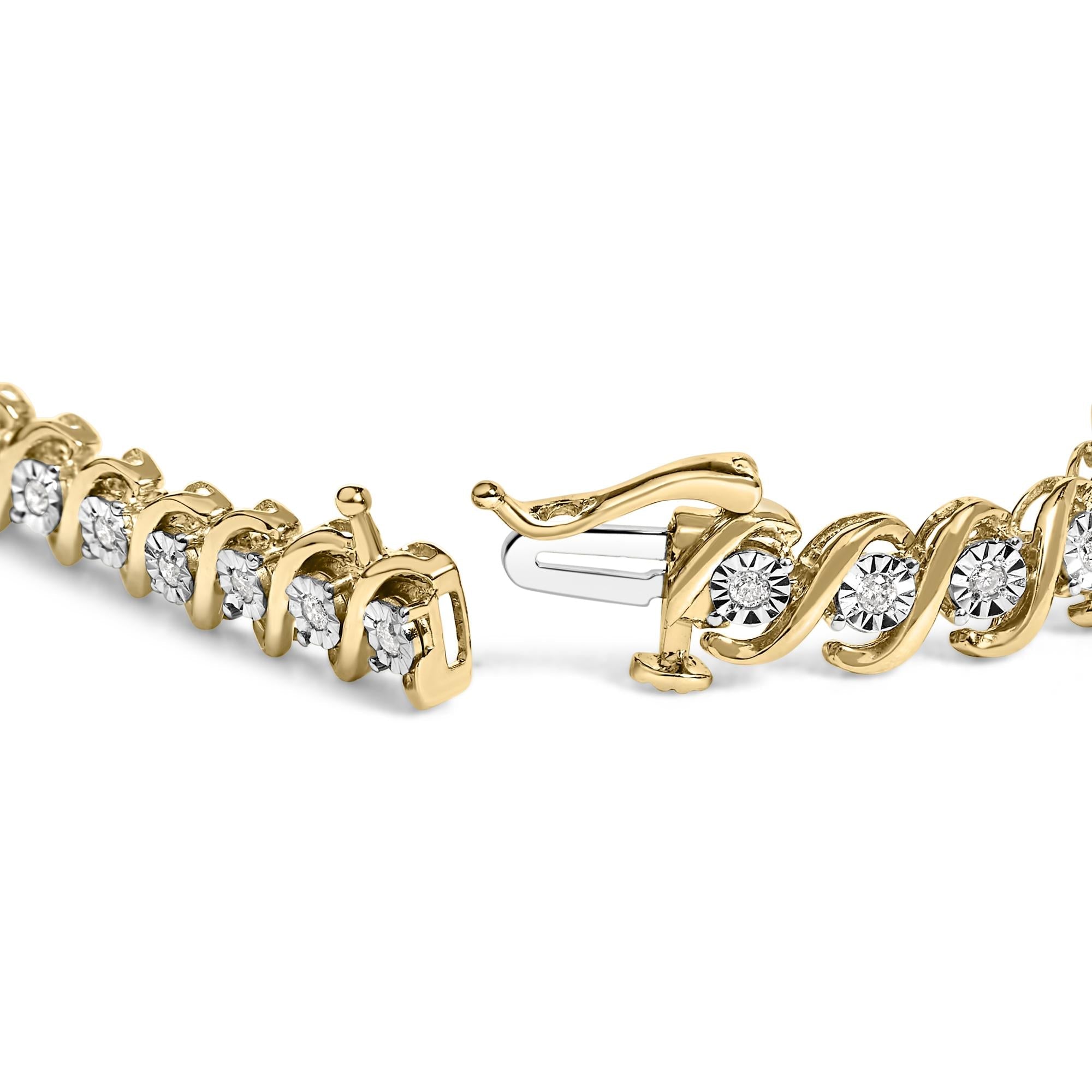 14K Yellow Gold Plated .925 Sterling Silver 1/2 Cttw Round Miracle-Set Diamond S-Curve Tennis Bracelet (I-J Color, I3 Clarity) - 7"