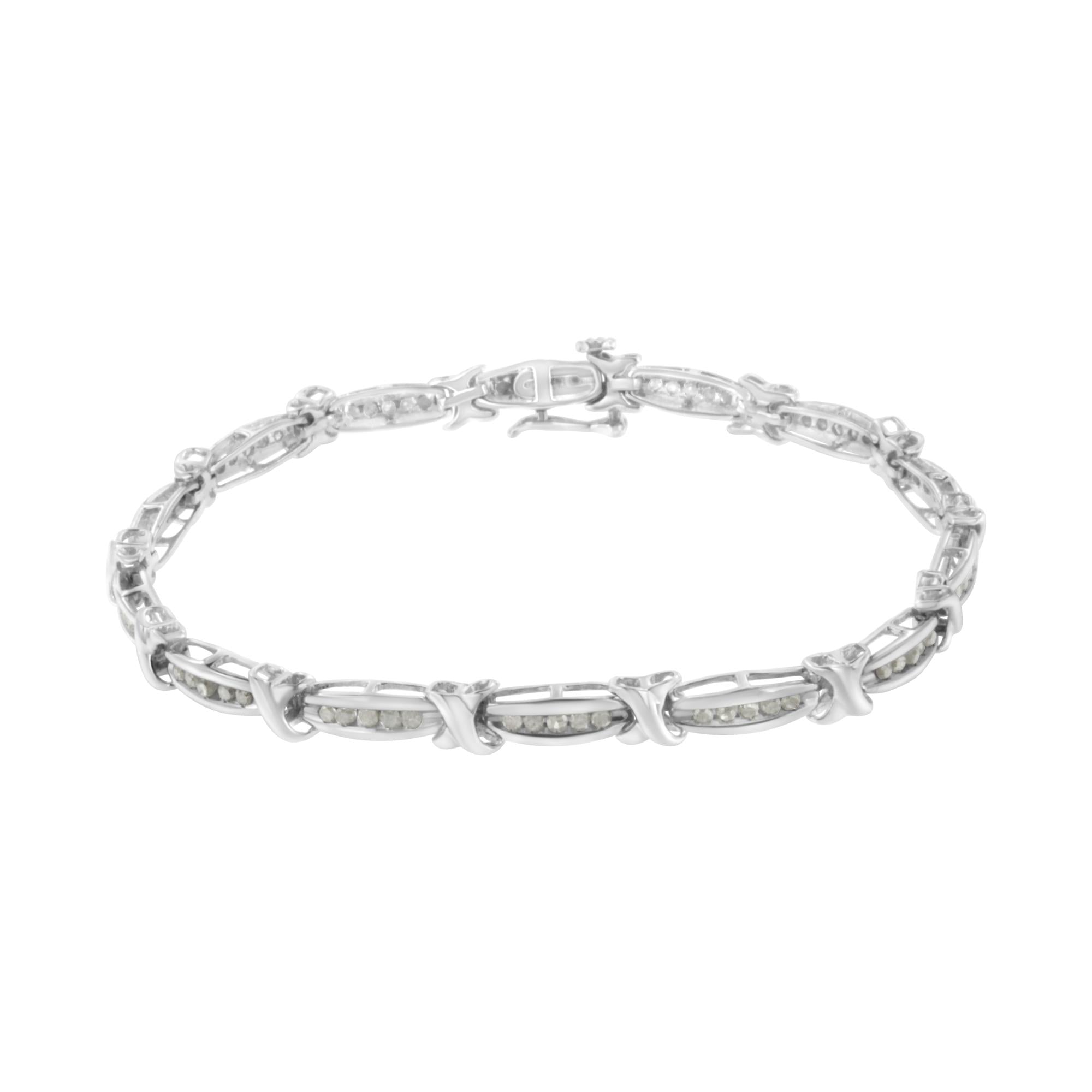 .925 Sterling Silver 1.0 Cttw Diamond Channel Set Tapered & X-Link 7" Tennis Bracelet (I-J Color, I2-I3 Clarity)