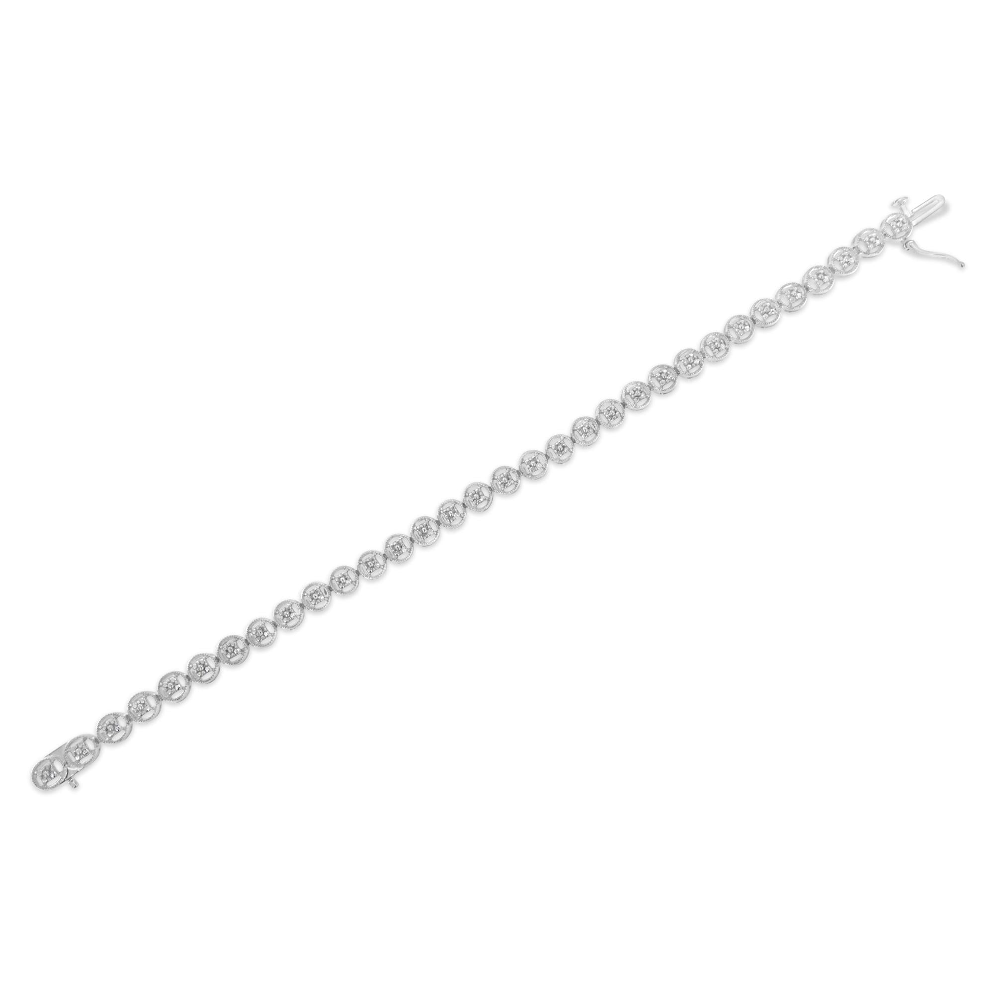 .925 Sterling Silver 1/10 Cttw Diamond Open Circle Beaded Wheel Link Tennis Bracelet (I-J Color, I3 Clarity) - 7.25"