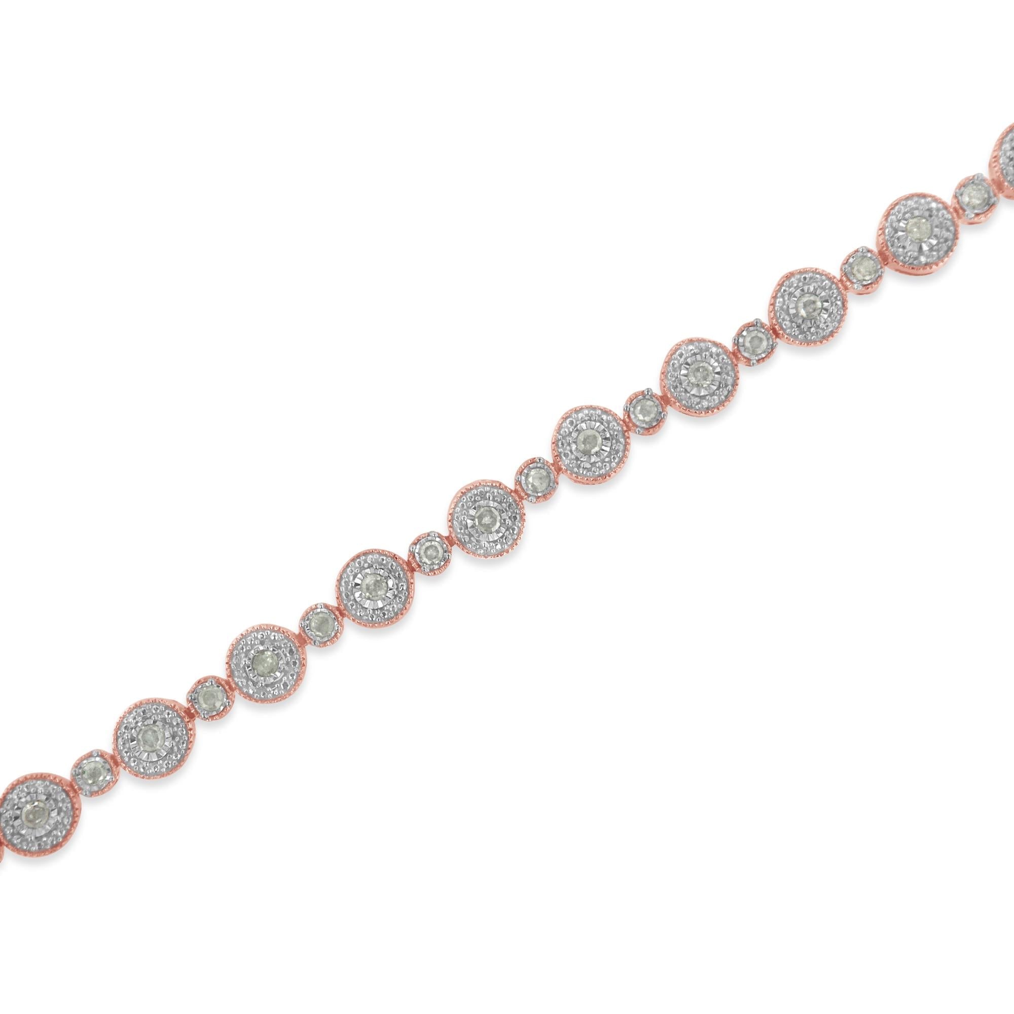 10k Rose Gold Plated .925 Sterling Silver 1 1/3 cttw Miracle Plate Set Diamond Alternating Link Bracelet (I-J Color, I3 Clarity) -7"