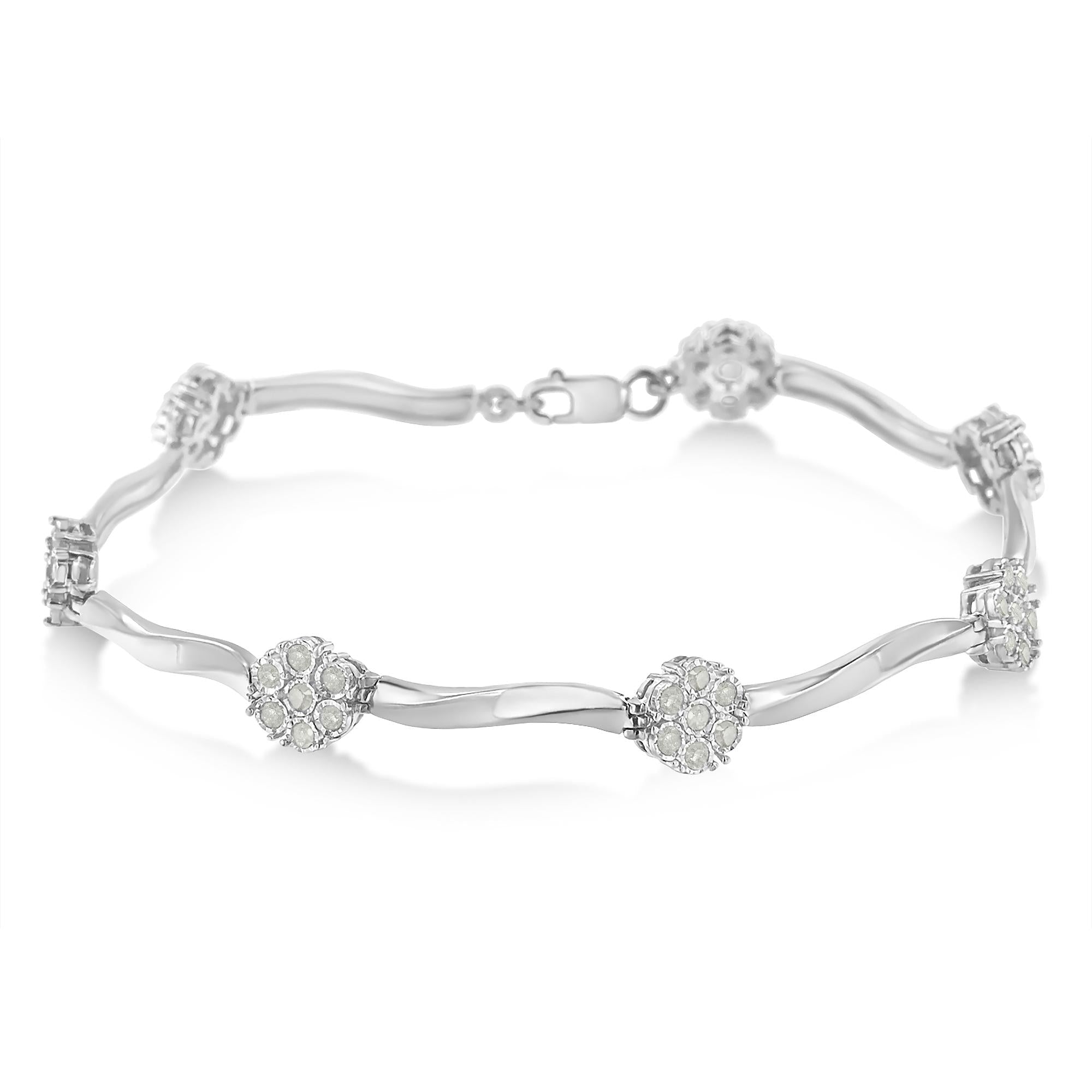 .925 Sterling Silver 1.0 cttw Miracle-Set Diamond 7 Stone Floral Cluster Link Bracelet (I-J Color, I3 Clarity) -7"
