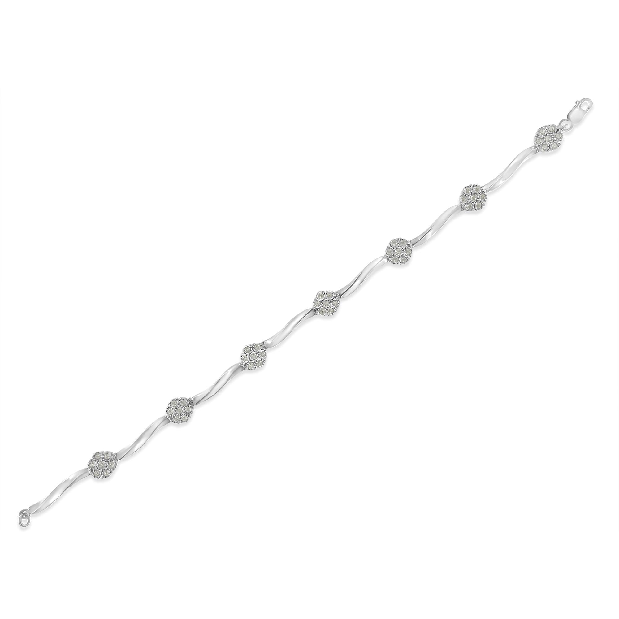 .925 Sterling Silver 1.0 cttw Miracle-Set Diamond 7 Stone Floral Cluster Link Bracelet (I-J Color, I3 Clarity) -7"