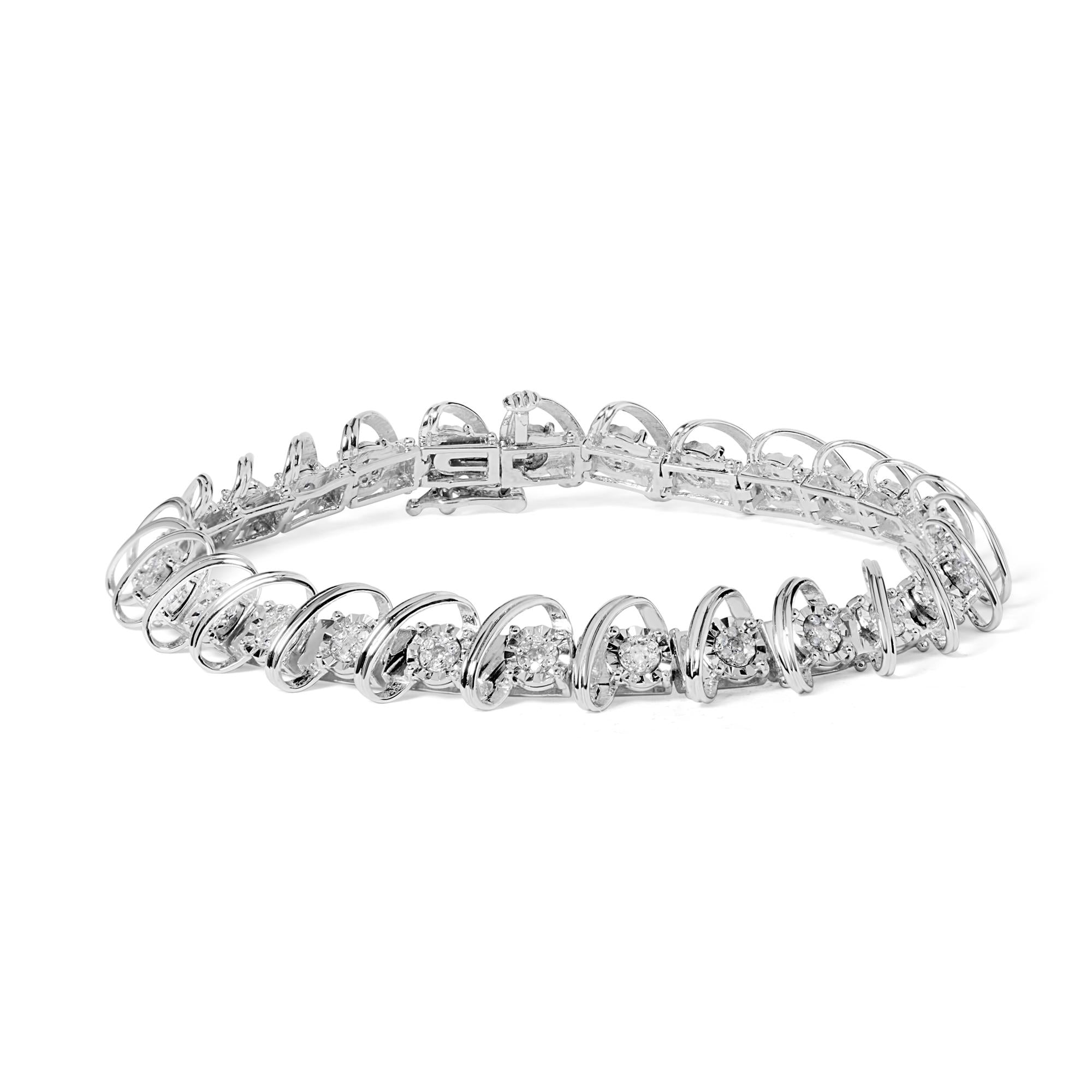 .925 Sterling Silver 3/4 Cttw Diamond  Illusion Plate Link Bracelet (I-J Color, I3 Clarity) - Size 7.25"