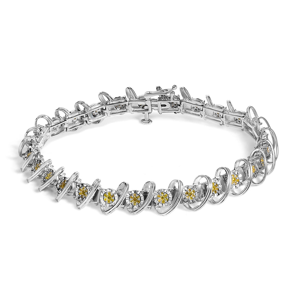 .925 Sterling Silver 3/4 Cttw Yellow Diamond Illusion Plate Looped Link Bracelet