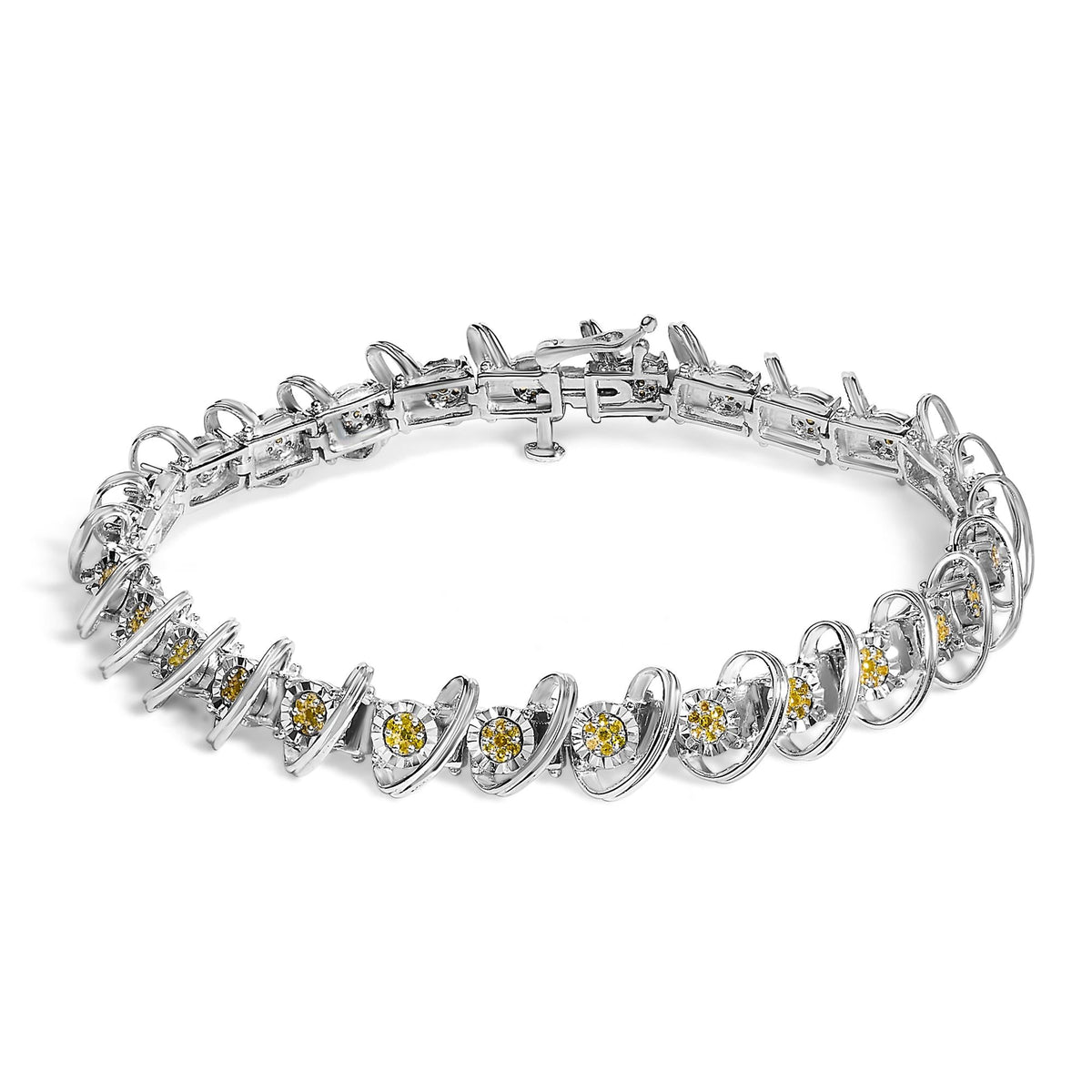 .925 Sterling Silver 3/4 Cttw Yellow Diamond Illusion Plate Looped Link Bracelet