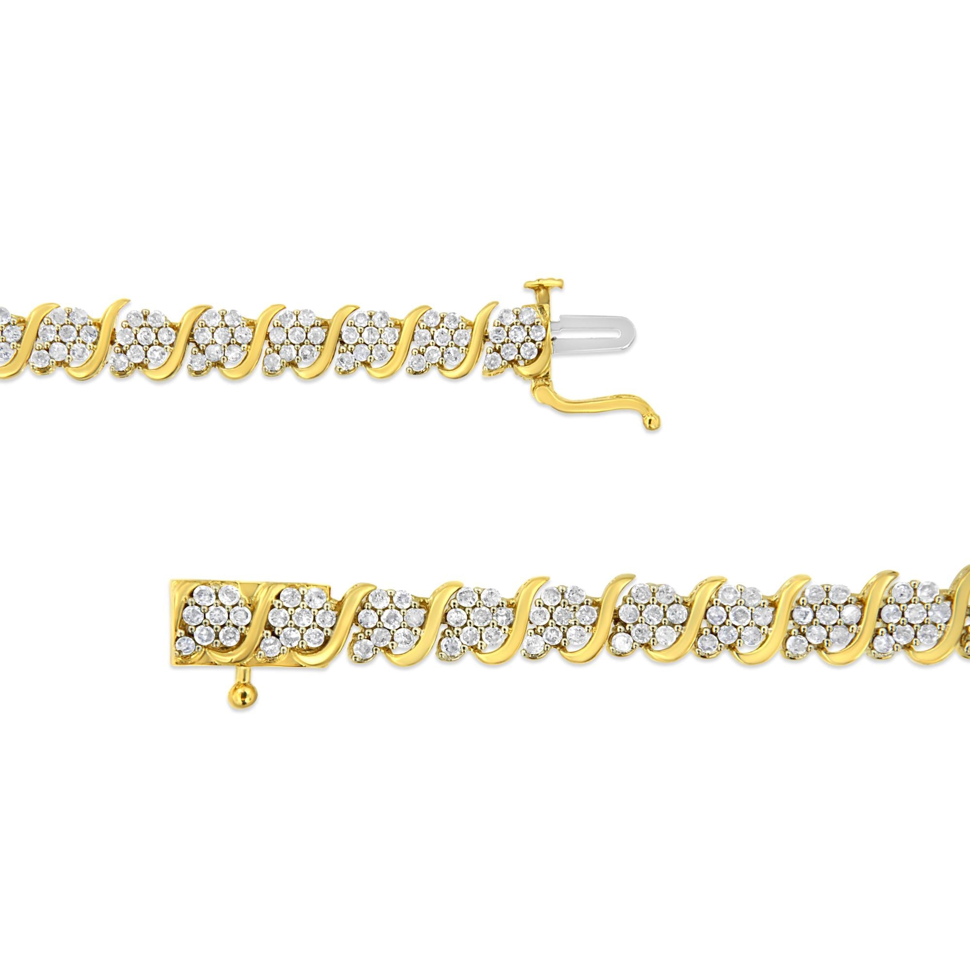 14K Yellow Gold Plated .925 Sterling Silver 3.00 Cttw Diamond Alternating Flower Cluster and "S" Link Tennis Bracelet (L-M Color, I2-I3 Clarity) - 7.25"