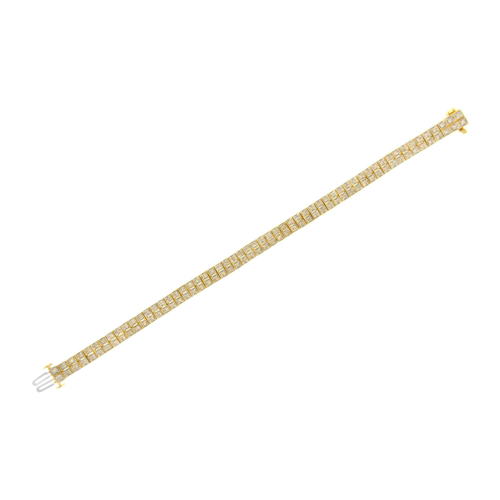 14K Yellow Gold over .925 Sterling Silver 3.0 Cttw Diamond Double Row Square Milgrain Link 7” Tennis Bracelet (K-L Color, I1-I2 Clarity)