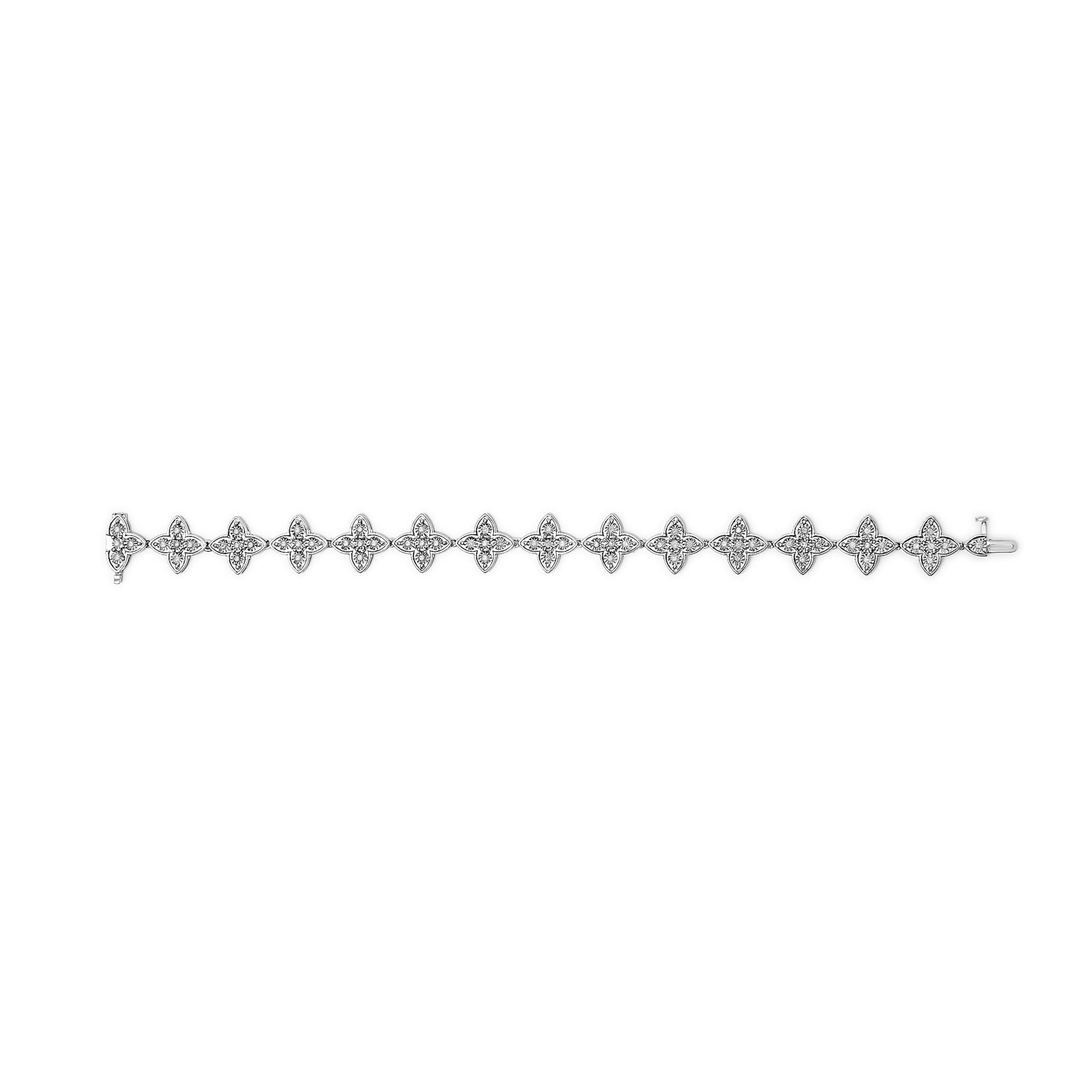 .925 Sterling Silver 1 cttw Miracle-Set Diamond 4 Leaf Clover Link Bracelet (I-J Clarity, I3 Color) - Size 7.25"