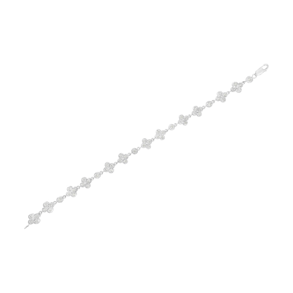 .925 Sterling Silver 1.0 Cttw Miracle-Set Diamond 4 Leaf and Solitaire Station Link Bracelet (I-J Color, I3 Clarity) - 7.25"