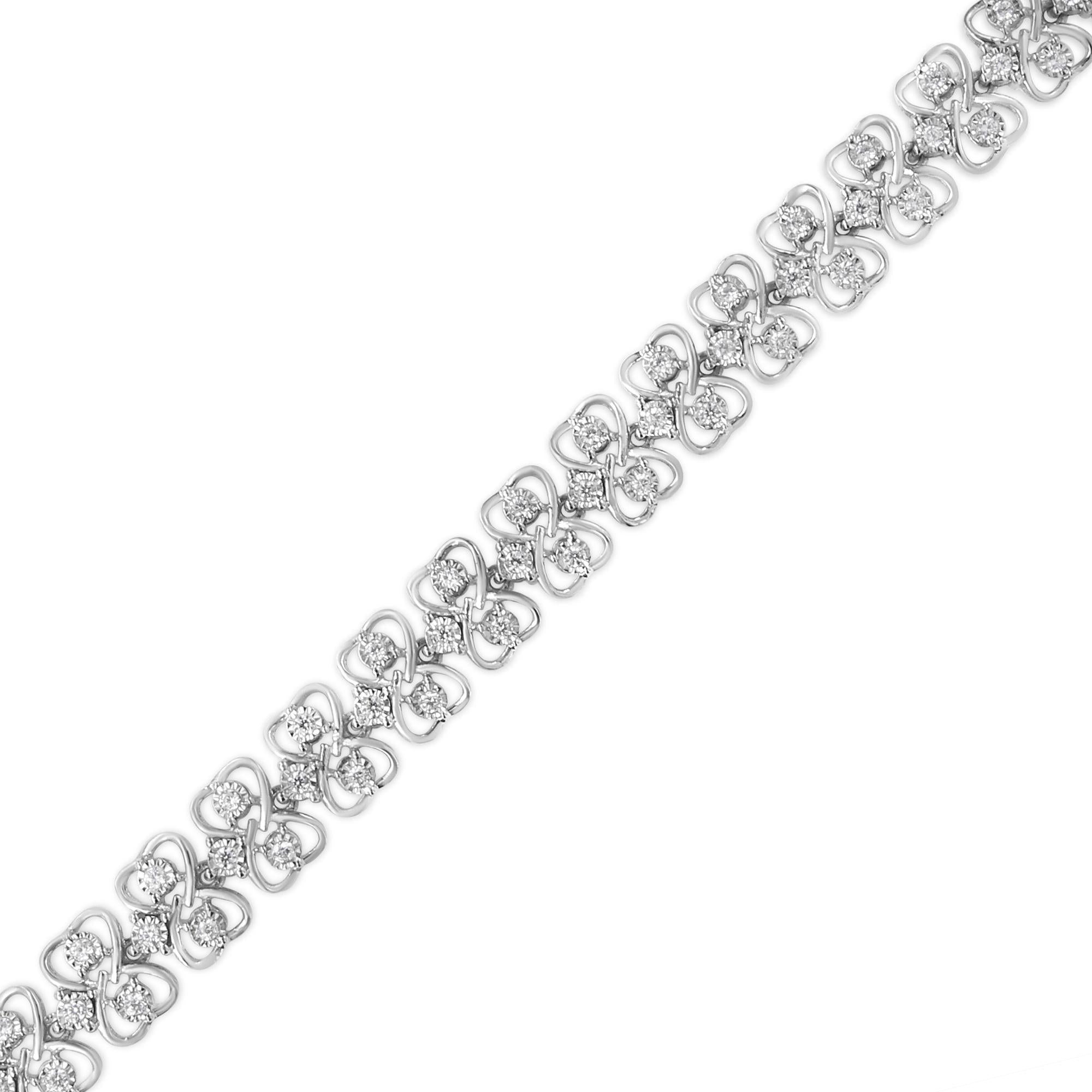 .925 Sterling Silver 1.0 cttw Round-cut Diamond 2-Row Heart Link Tennis Bracelet (I-J Clarity, I2-I3 Color) - Size 7"
