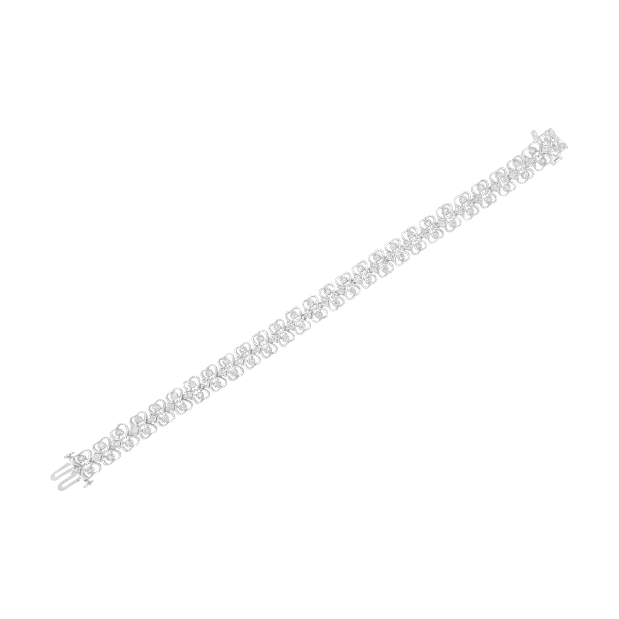 .925 Sterling Silver 1.0 cttw Round-cut Diamond 2-Row Heart Link Tennis Bracelet (I-J Clarity, I2-I3 Color) - Size 7"