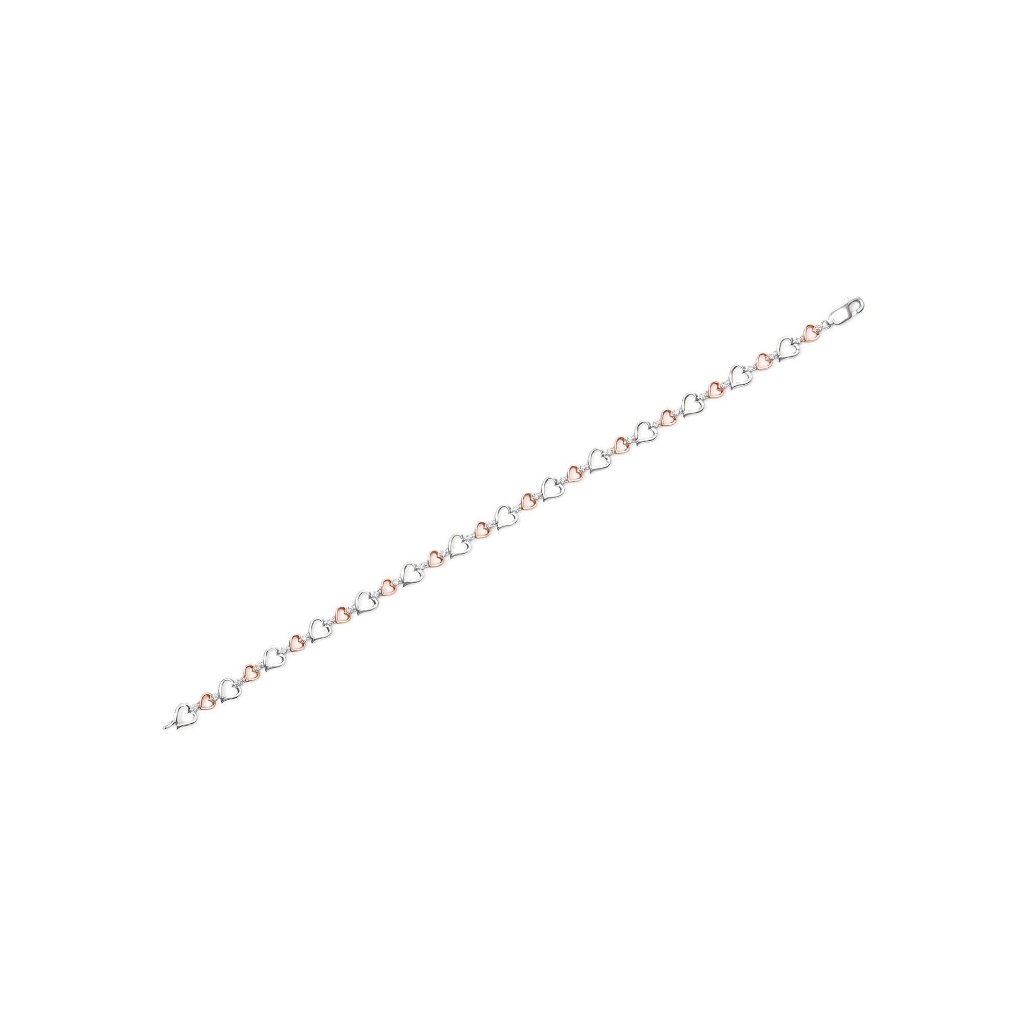 14K Rose Gold Plated .925 Sterling Silver 1/4 Cttw Diamond Heart Link Bracelet (I-J Color, I2-I3 Clarity) - Size 7" Inches