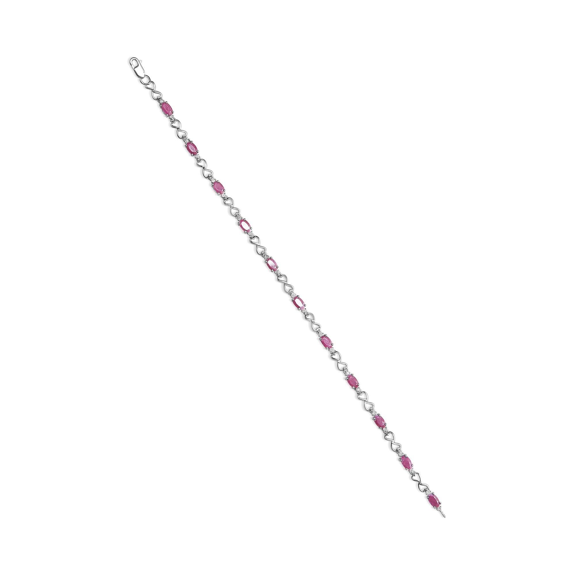 .925 Sterling Silver Pink Oval Shaped Ruby and 1/4 Cttw Diamond 7.25" Link Bracelet (I-J Color, I2-I3 Clarity)