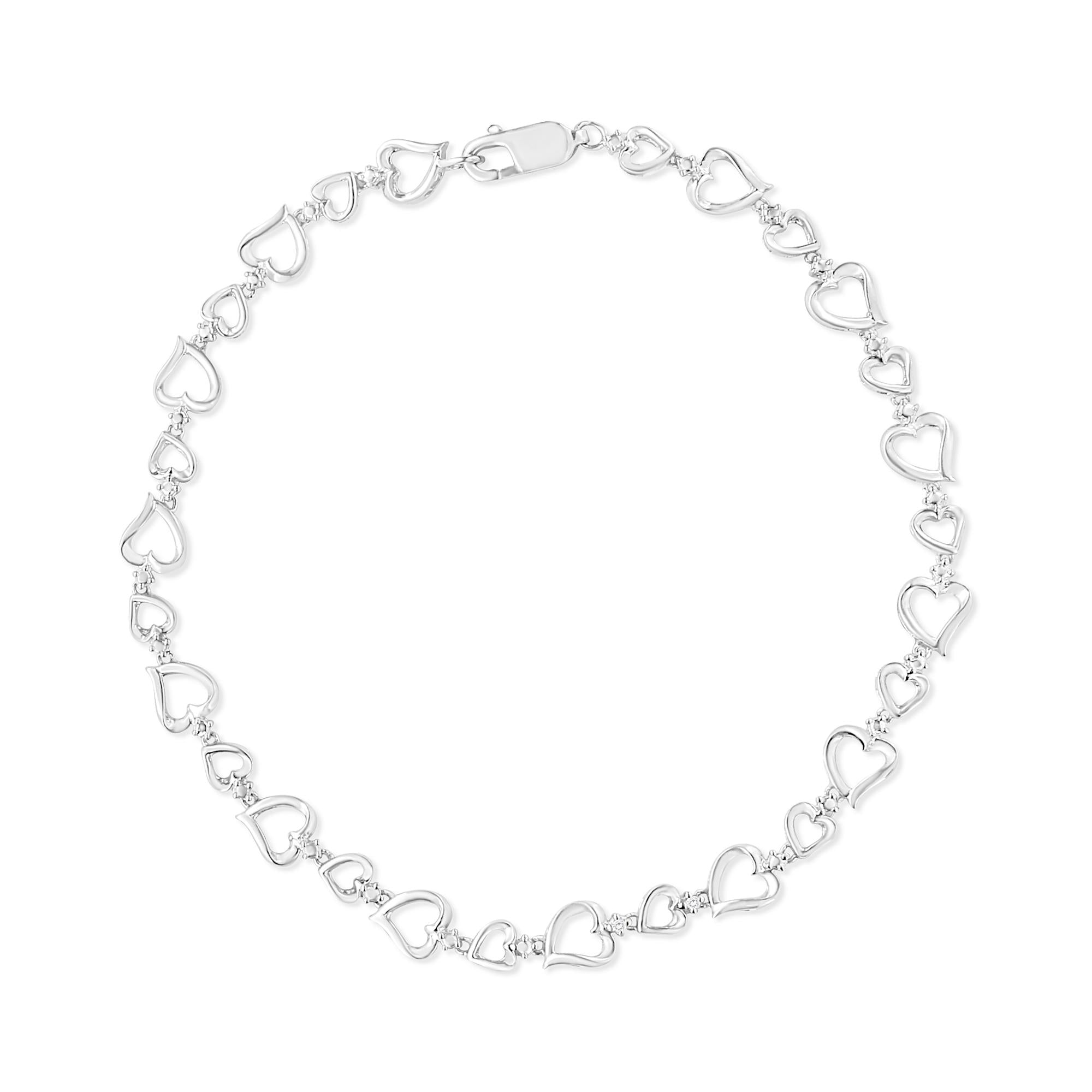 .925 Sterling Silver Prong Set Diamond Accent Alternating Heart Link Bracelet (I-J Color, I3 Clarity) - 7.25" Inches