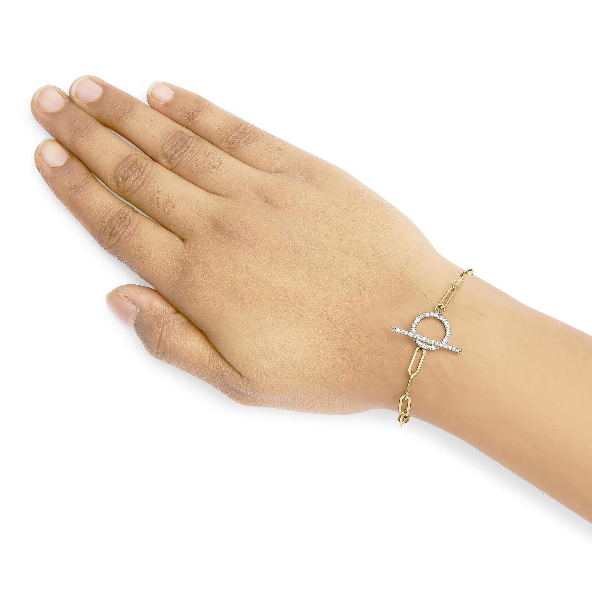 14KT Yellow Gold 1/4ct Cttw Diamond Bar and Hoop Toggle Paperclip Chain Bracelet (I-J Color, I1-I2 Clarity) - 7.25"