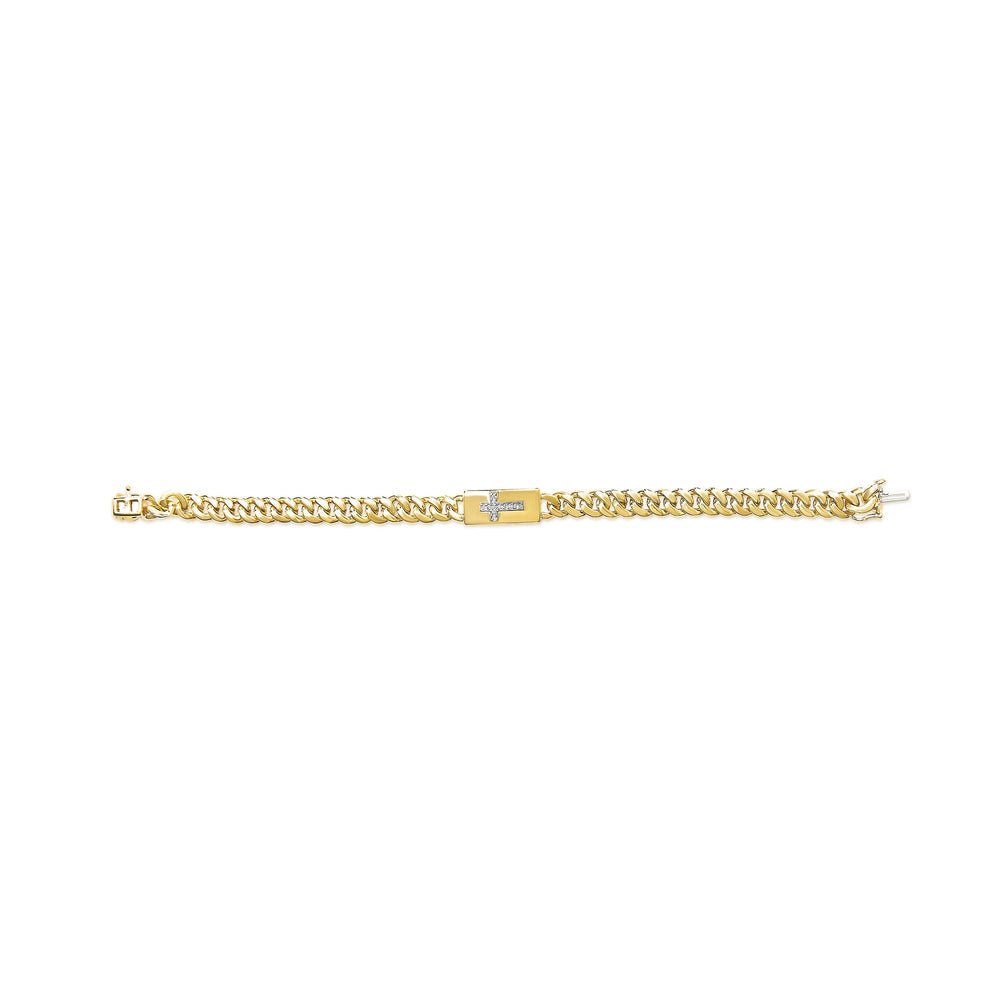 14K Yellow Gold Plated .925 Sterling Silver Diamond Accent Inlaid Cross Cuban Link Bracelet (I-J Color, I3 Clarity)-  7.25"