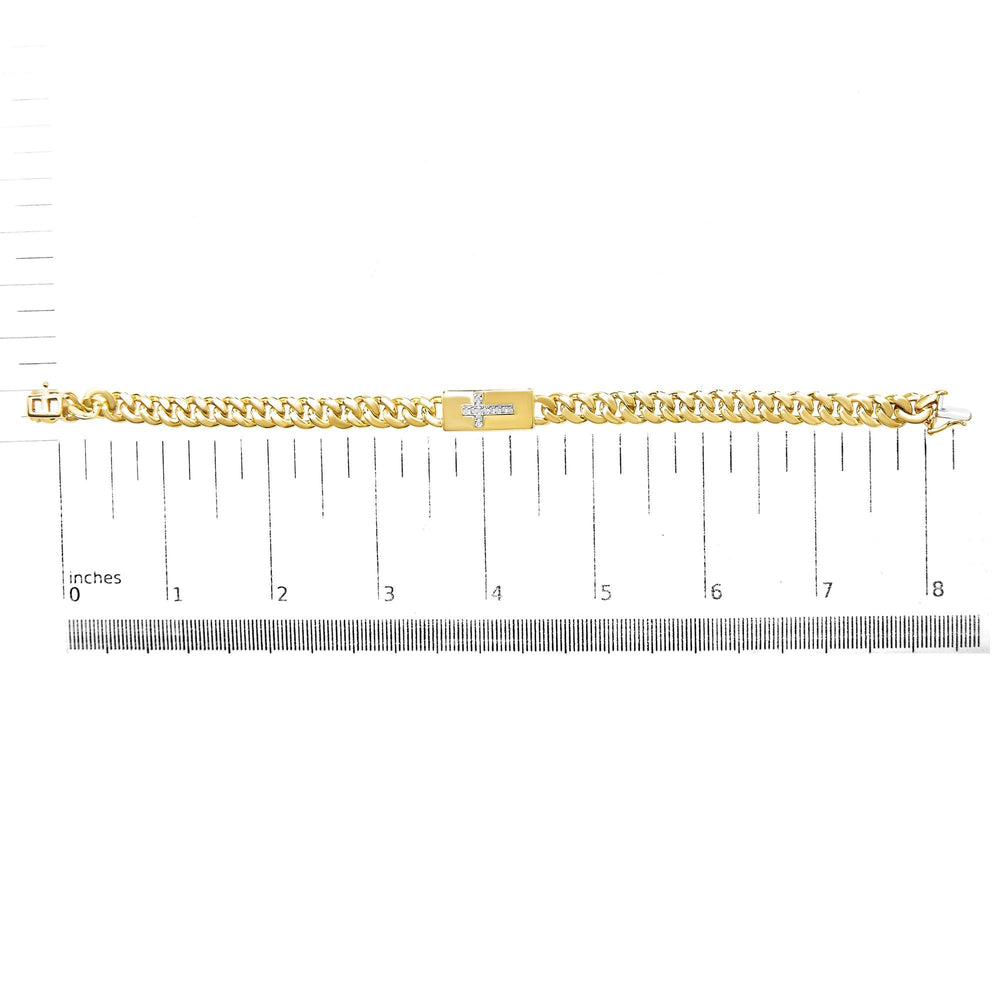 14K Yellow Gold Plated .925 Sterling Silver Diamond Accent Inlaid Cross Cuban Link Bracelet (I-J Color, I3 Clarity)-  7.25"