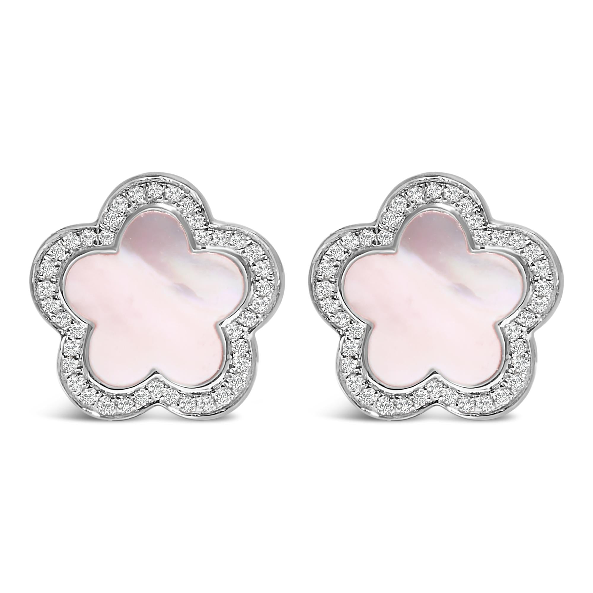 14K White Gold Mother of Pearl and 1/5 Cttw Diamond Halo Star Stud Earrings