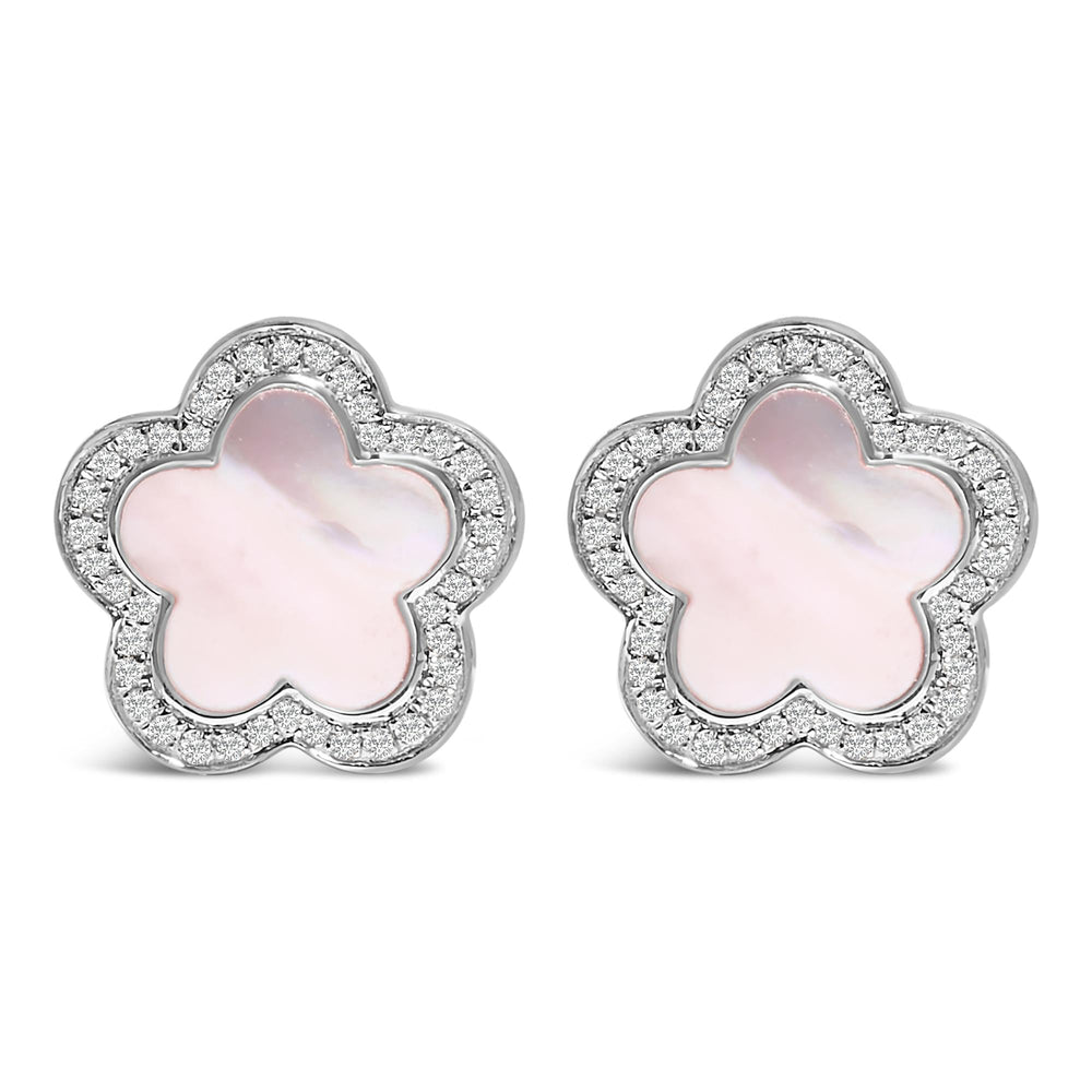 14K White Gold Mother of Pearl and 1/5 Cttw Diamond Halo Star Stud Earrings
