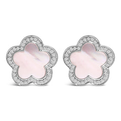 14K White Gold Mother of Pearl and 1/5 Cttw Diamond Halo Star Stud Earrings