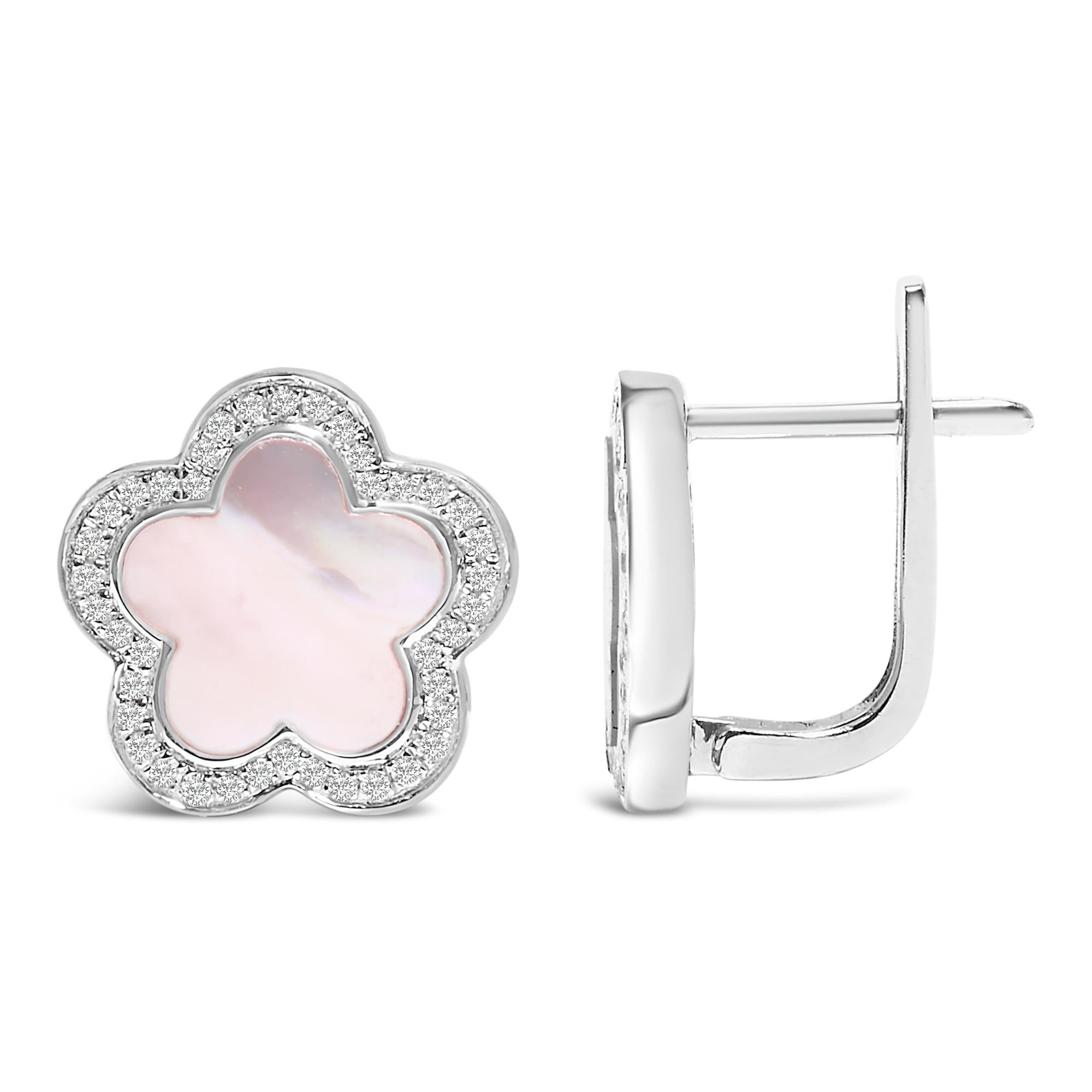 14K White Gold Mother of Pearl and 1/5 Cttw Diamond Halo Star Stud Earrings