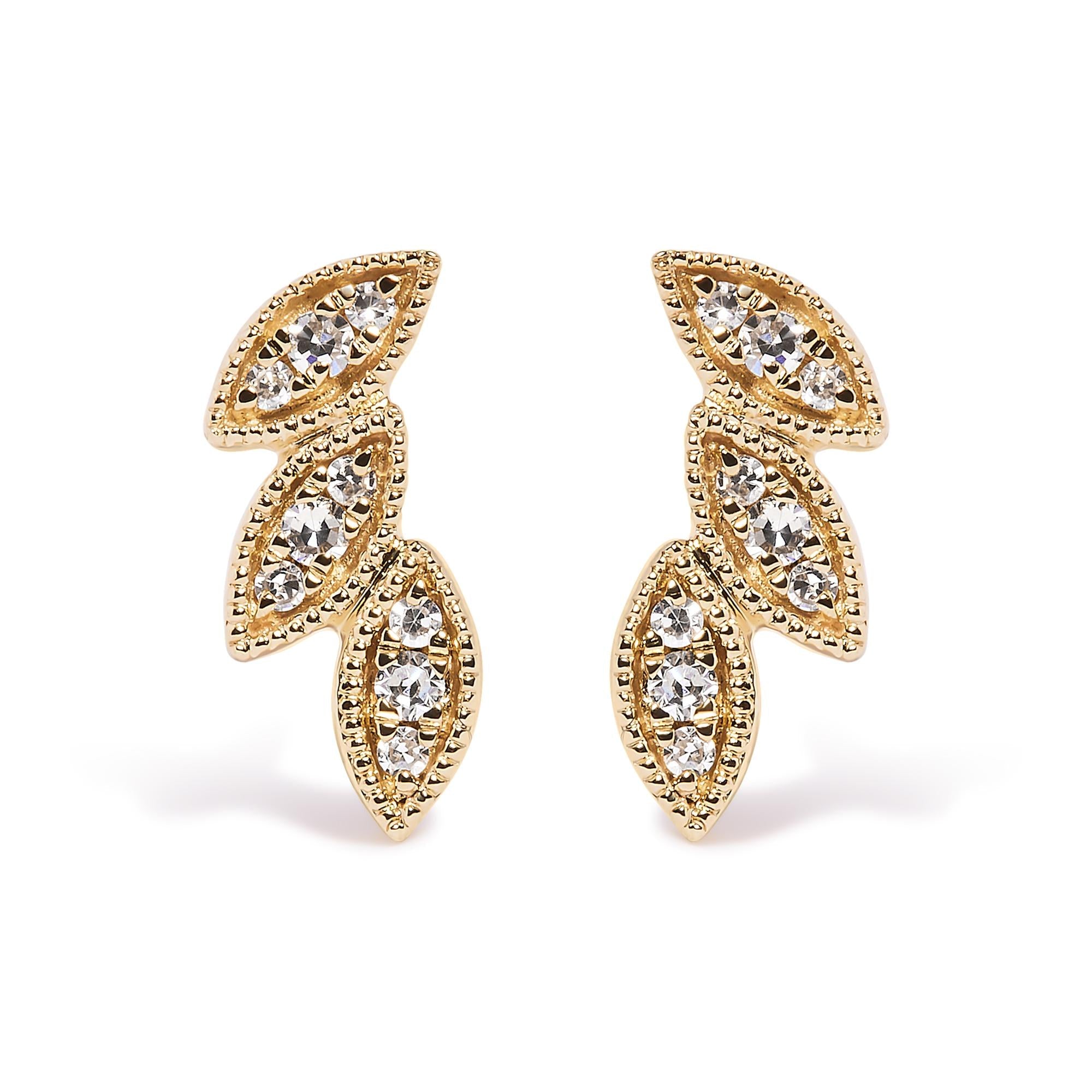 10K Yellow Gold 1/10 Cttw Diamond Triple Leaf Stud Earring (H-I Color, I1-I2 Clarity)