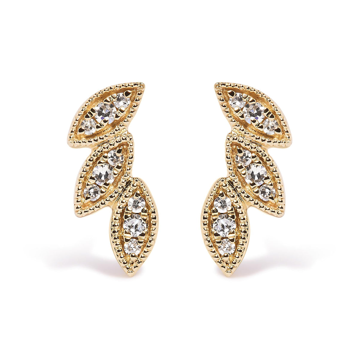 10K Yellow Gold 1/10 Cttw Diamond Triple Leaf Stud Earring (H-I Color, I1-I2 Clarity)