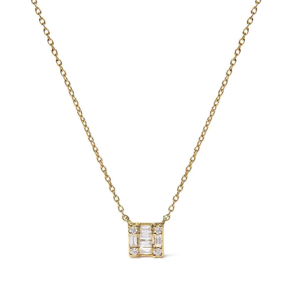 10K Yellow Gold 1/10 Cttw Round and Baguette Diamond Mosaic Composite Square 18" Inch Pendant Necklace (H-I Color, I1-I2 Clarity)