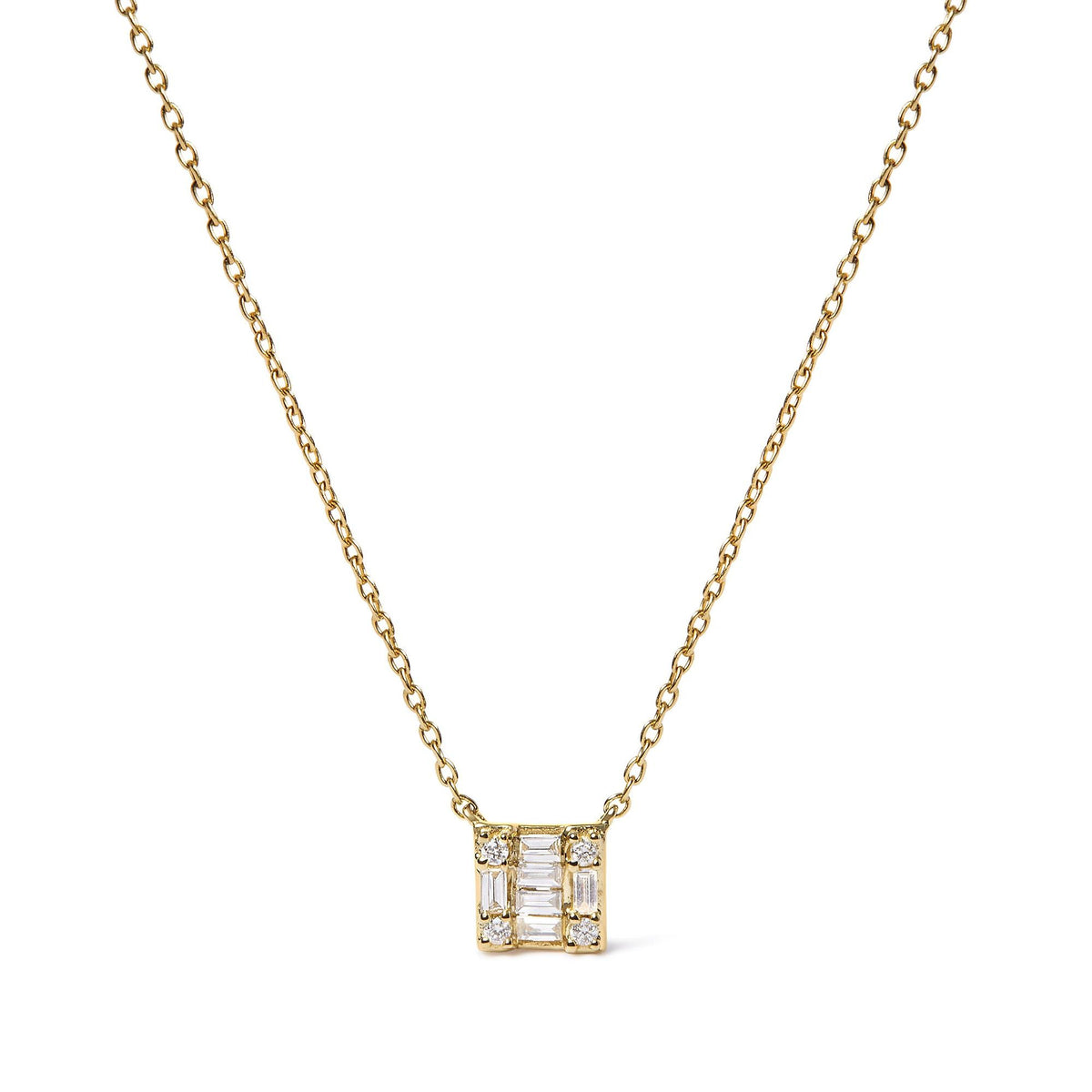 10K Yellow Gold 1/10 Cttw Round and Baguette Diamond Mosaic Composite Square 18" Inch Pendant Necklace (H-I Color, I1-I2 Clarity)