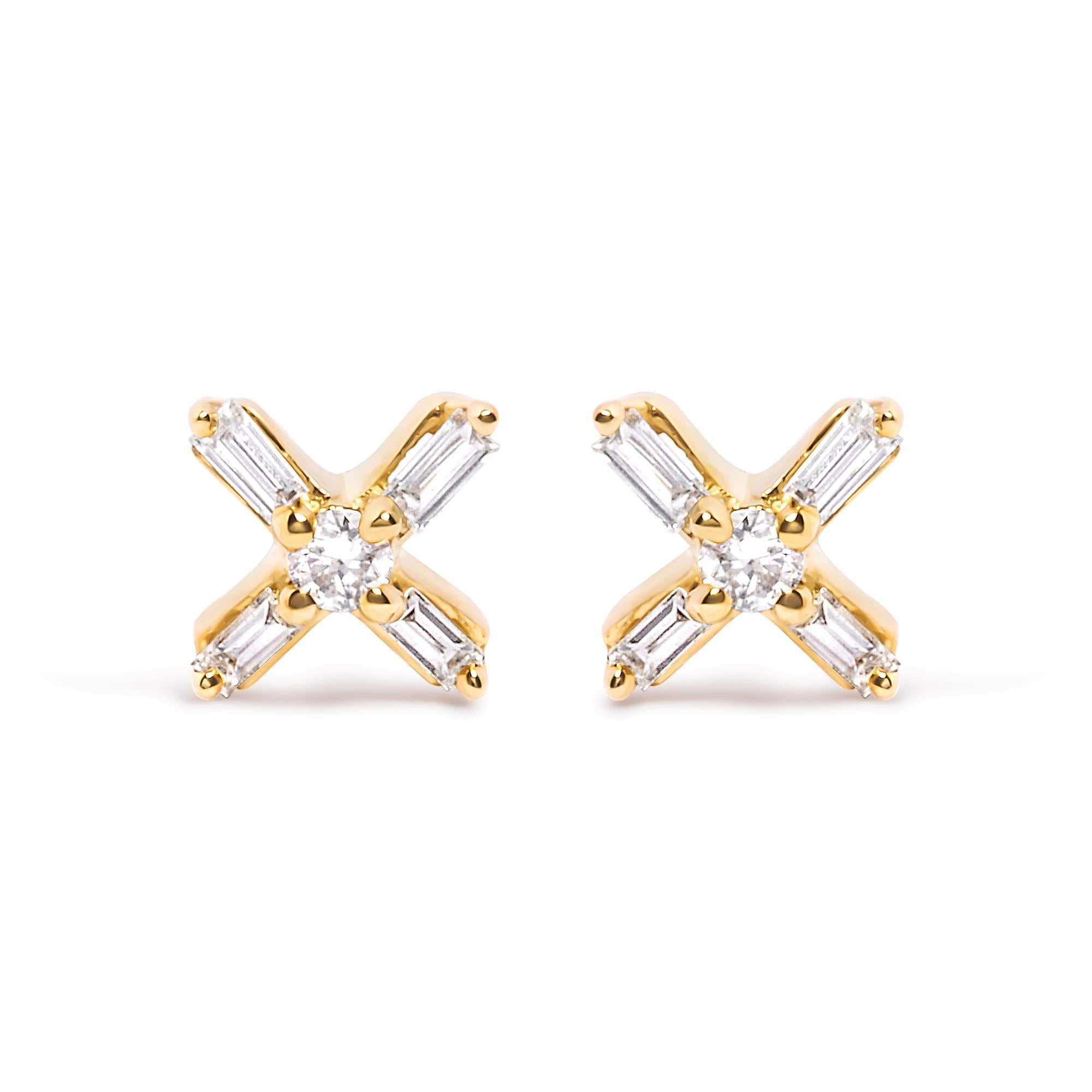 10K Yellow Gold 1/10 Cttw Round and Baguette Diamond Criss Cross X Stud Earring (H-I Color, I1-I2 Clarity)