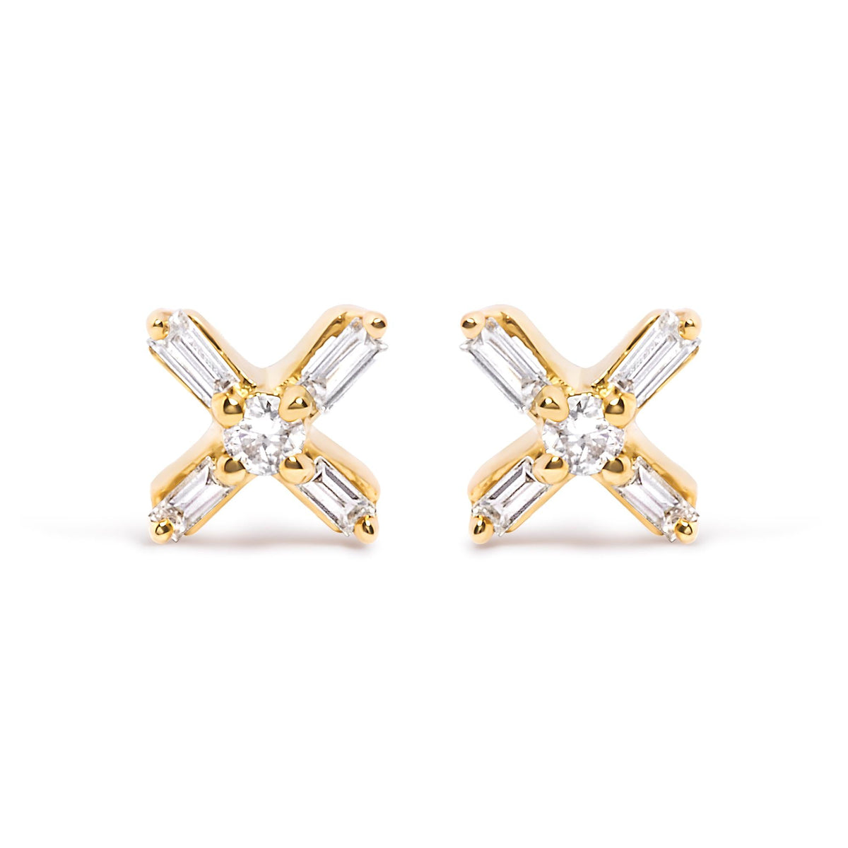 10K Yellow Gold 1/10 Cttw Round and Baguette Diamond Criss Cross X Stud Earring (H-I Color, I1-I2 Clarity)