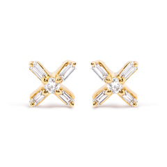 10K Yellow Gold 1/10 Cttw Round and Baguette Diamond Criss Cross X Stud Earring (H-I Color, I1-I2 Clarity)