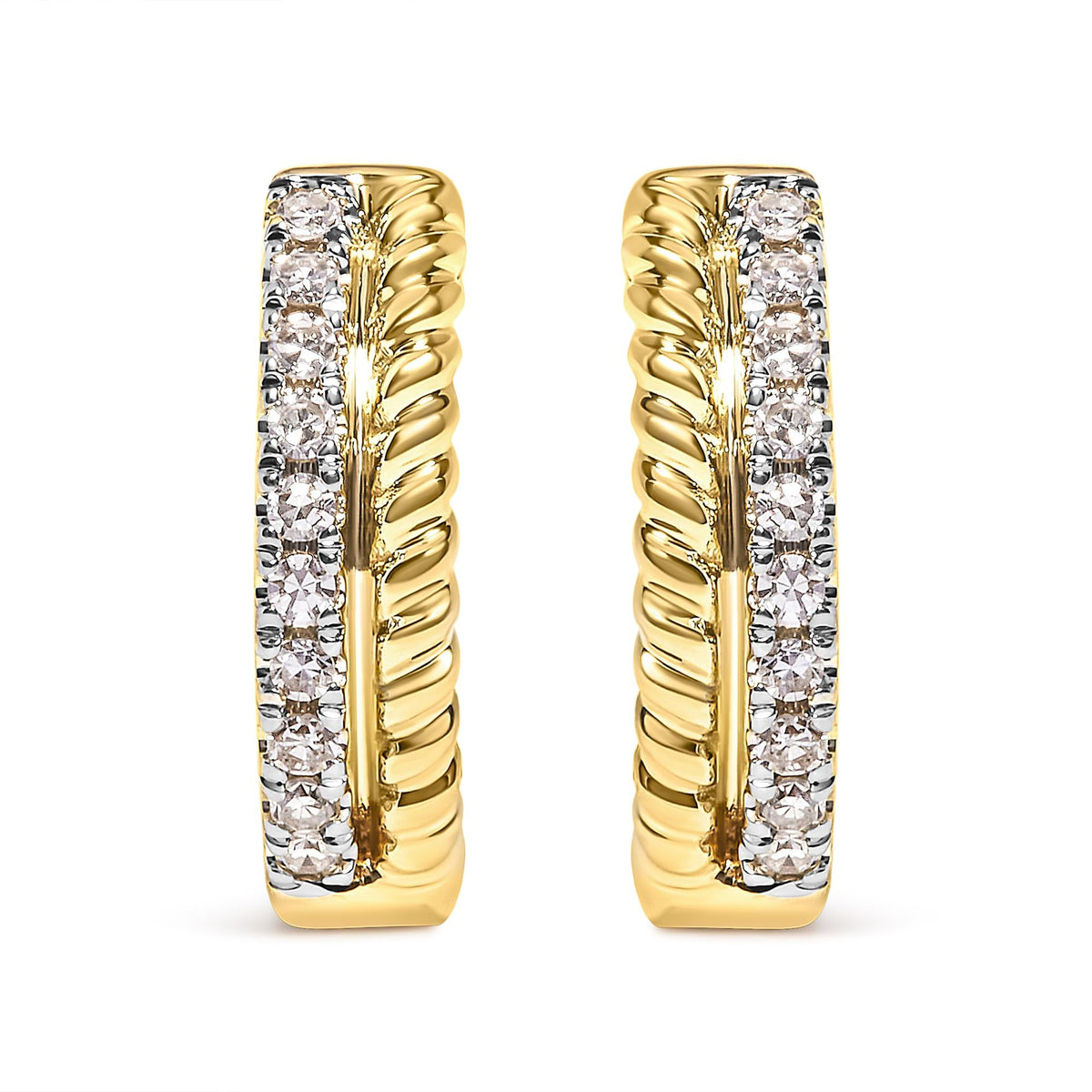 10K Yellow Gold 1/10 Cttw Diamond and Rope Twist Huggy Hoop Earrings (H-I Color, I1-I2 Clarity)