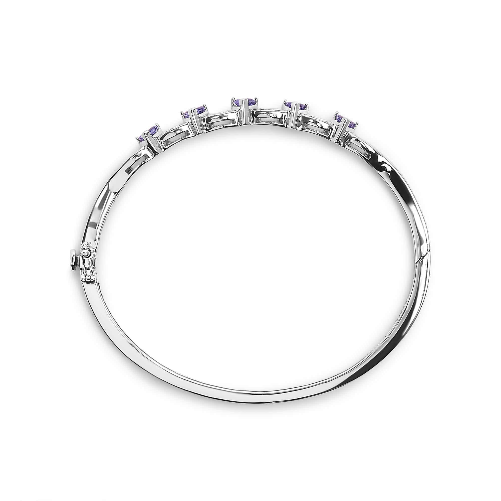 14K Gold Alternating Trillion Tanzanite and 1/3 Cttw Diamond Bangle Bracelet - Size 7"
