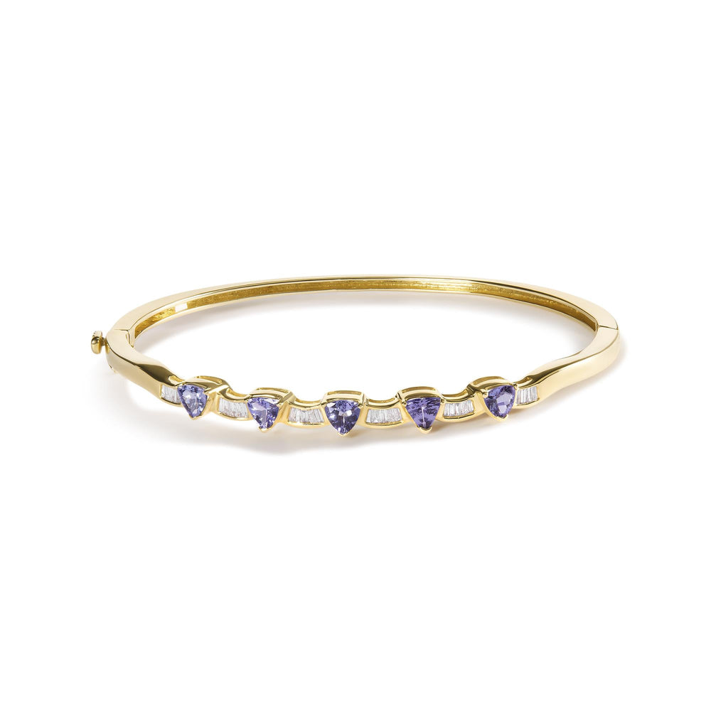 14K Gold Alternating Trillion Tanzanite and 1/3 Cttw Diamond Bangle Bracelet - Size 7"