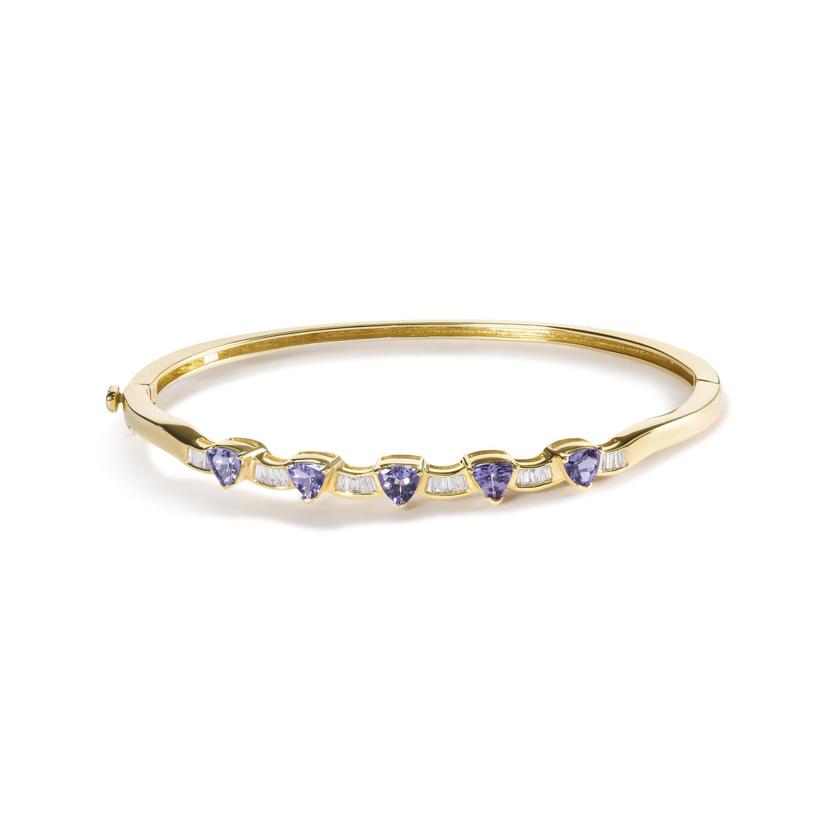 14K Gold Alternating Trillion Tanzanite and 1/3 Cttw Diamond Bangle Bracelet - Size 7"
