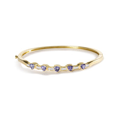 14K Gold Alternating Trillion Tanzanite and 1/3 Cttw Diamond Bangle Bracelet - Size 7"