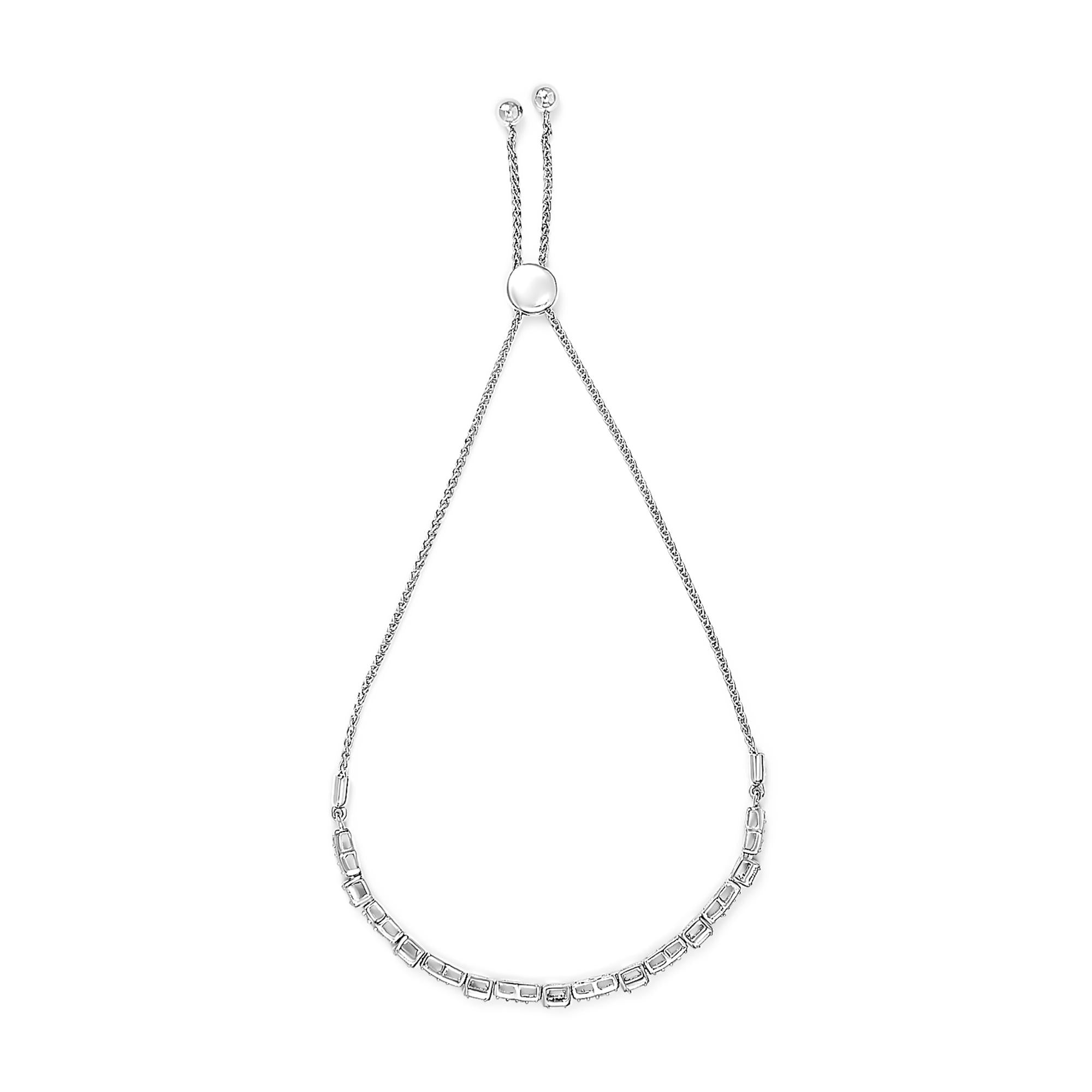 .925 Sterling Silver 1/4 Cttw Diamond Art Deco Milgrain Square Station & Bar Style Adjustable Bolo 6"-9" Bracelet (H-I Color, I2-I3 Clarity)