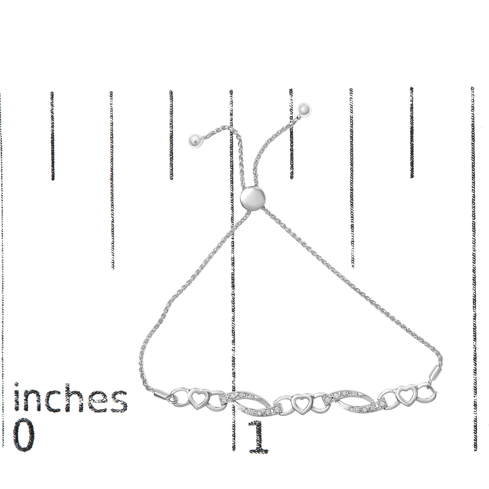 .925 Sterling Silver 1/10 Cttw Diamond Heart Link Adjustable Bolo Bracelet (I-J Color, I2-I3 Clarity) - 4 to 10 Inches