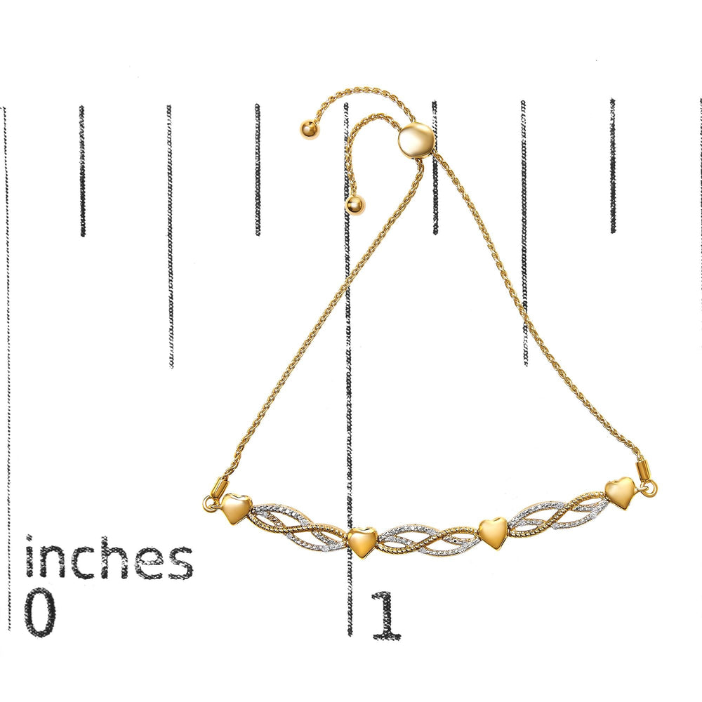 14K Yellow Gold Plated .925 Sterling Silver 1/10 Cttw Diamond Wave and Hearts Bolo Bracelet (I-J Color, I2-I3 Clarity) - 4"-10" Adjustable