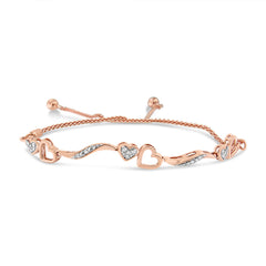 .925 Sterling Silver 1/10 Cttw Diamond Wave and Hearts 4”-10” Adjustable Bolo Bracelet (I-J Color, I3 Clarity)