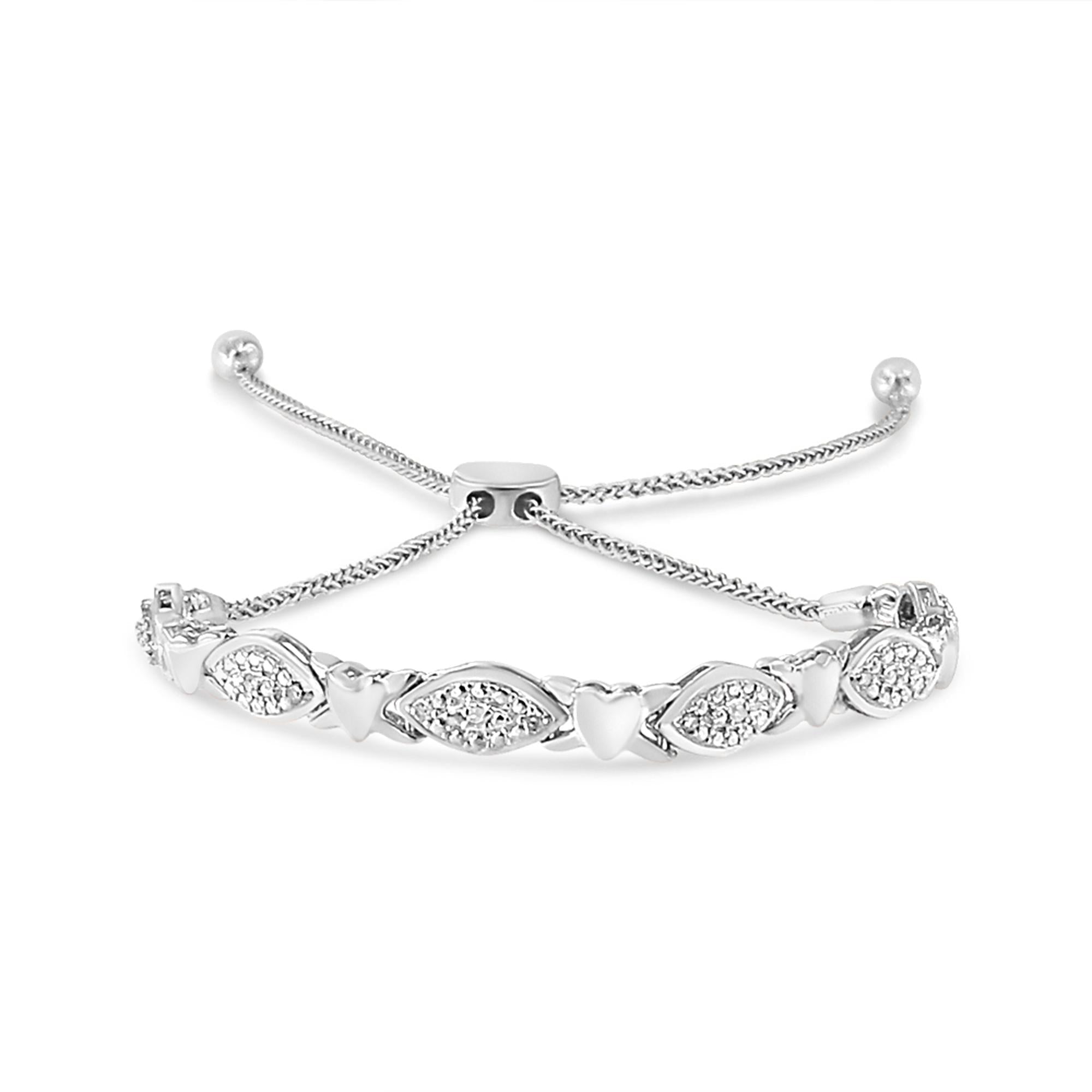 .925 Sterling Silver Diamond Accent Alternating Marquise Shape and Heart Links Bolo Bracelet (I-J Color, I3 Clarity) - Adjustable 6" to 9"