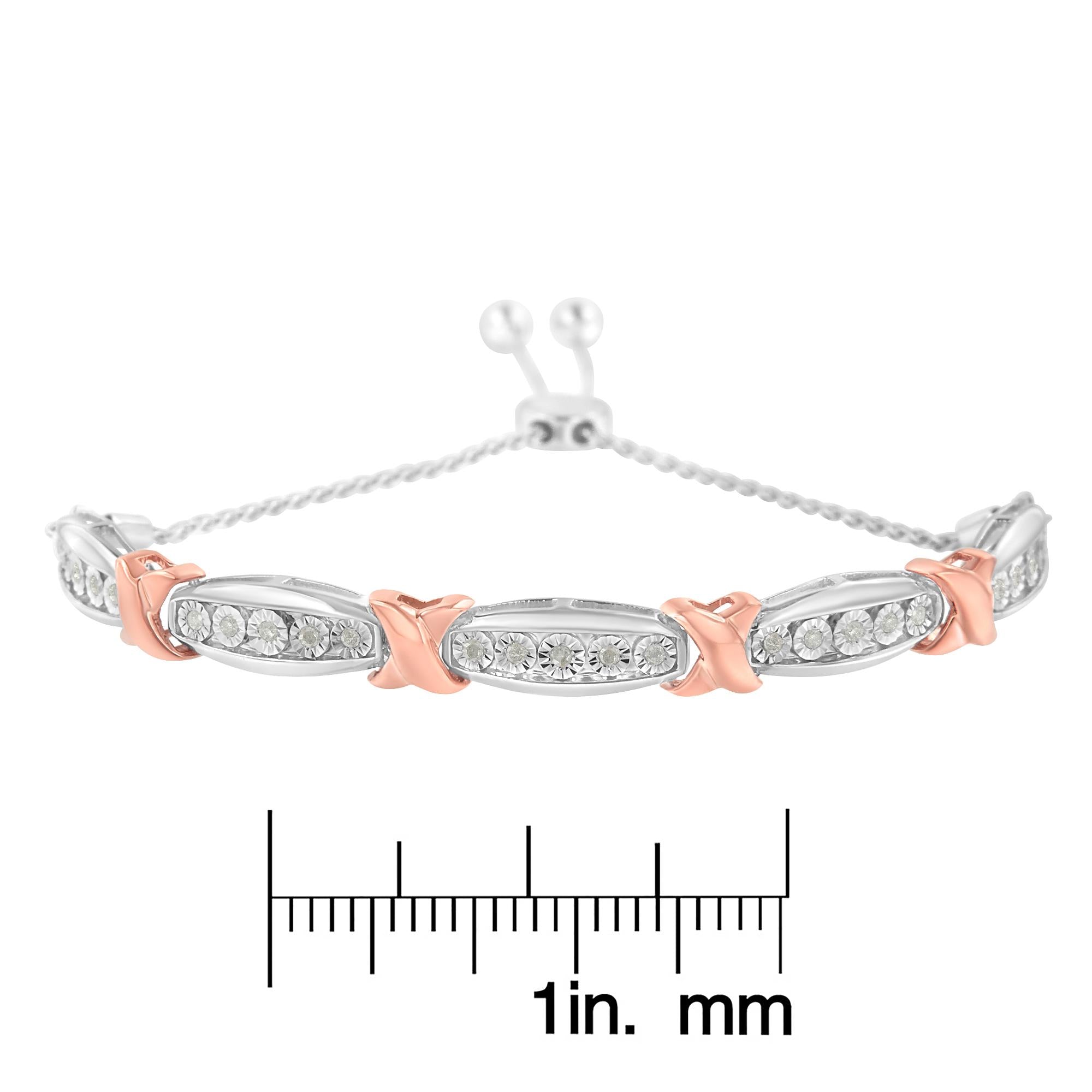 .925 Sterling Silver 1/4 Cttw Round-Cut Diamond X & Tapered Bar Miracle-Set Bolo Bracelet (I-J Color, I3 Clarity) - Two Tone Rose Gold & Silver