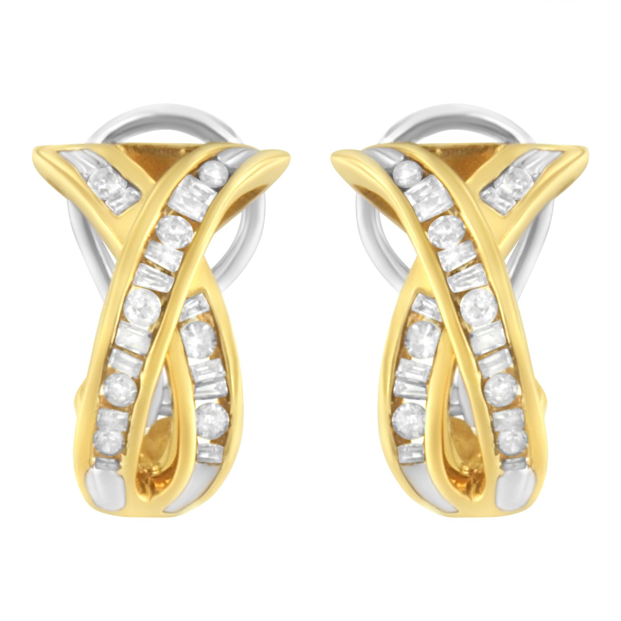 14K Yellow and White Gold 1/2 TDW "X" Shape Cross Over Diamond Hoop Earrings (I-J, I2-I3)