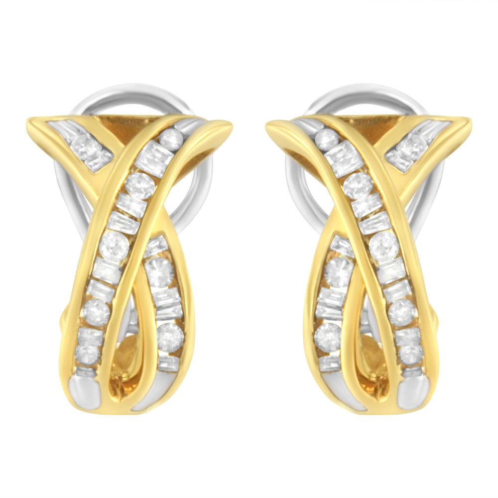 14K Yellow and White Gold 1/2 TDW "X" Shape Cross Over Diamond Hoop Earrings (I-J, I2-I3)