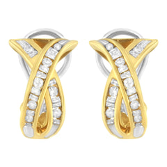 14K Yellow and White Gold 1/2 TDW "X" Shape Cross Over Diamond Hoop Earrings (I-J, I2-I3)