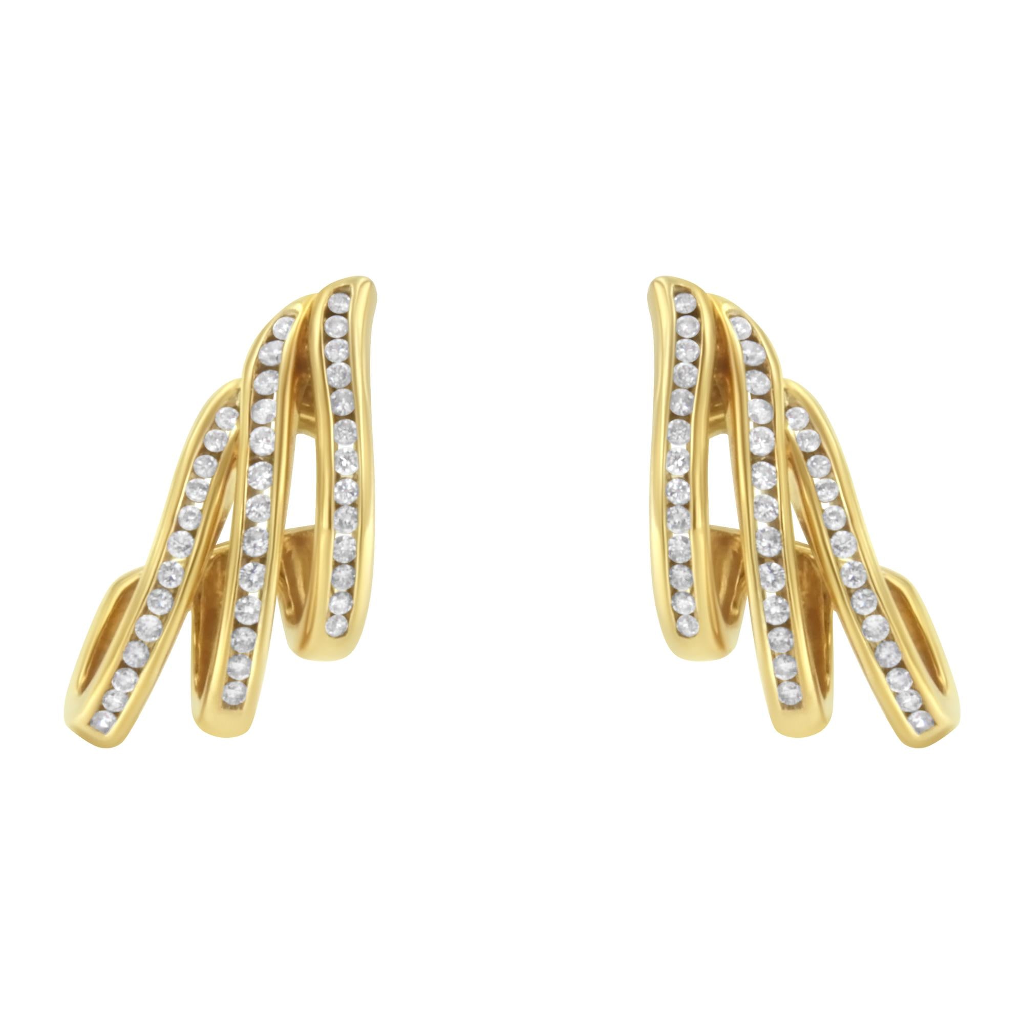 10K Yellow Gold 1.0 Cttw Round Brilliant Cut Diamond Spiral Multi Row Channel Set Open Hoop Pushback Stud Earrings (H-I Color, I1-I2 Clarity)