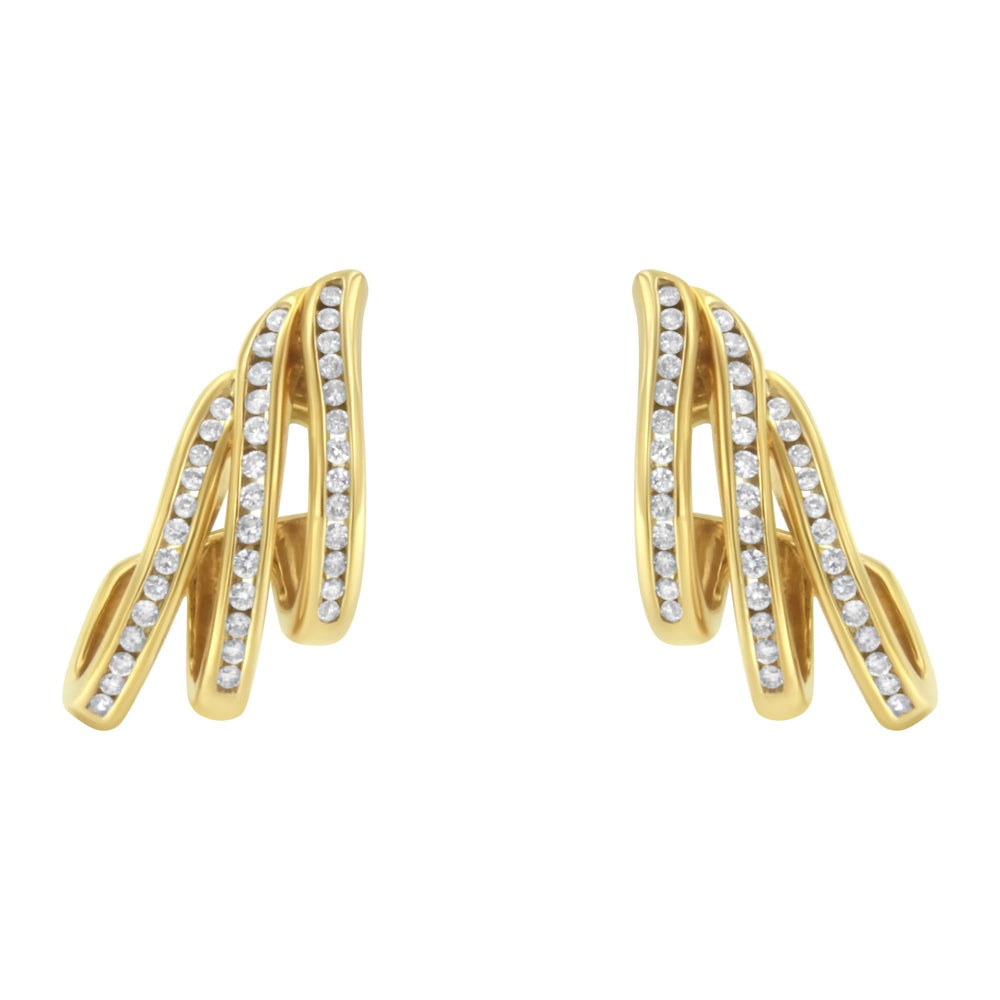 10K Yellow Gold 1.0 Cttw Round Brilliant Cut Diamond Spiral Multi Row Channel Set Open Hoop Pushback Stud Earrings (H-I Color, I1-I2 Clarity)