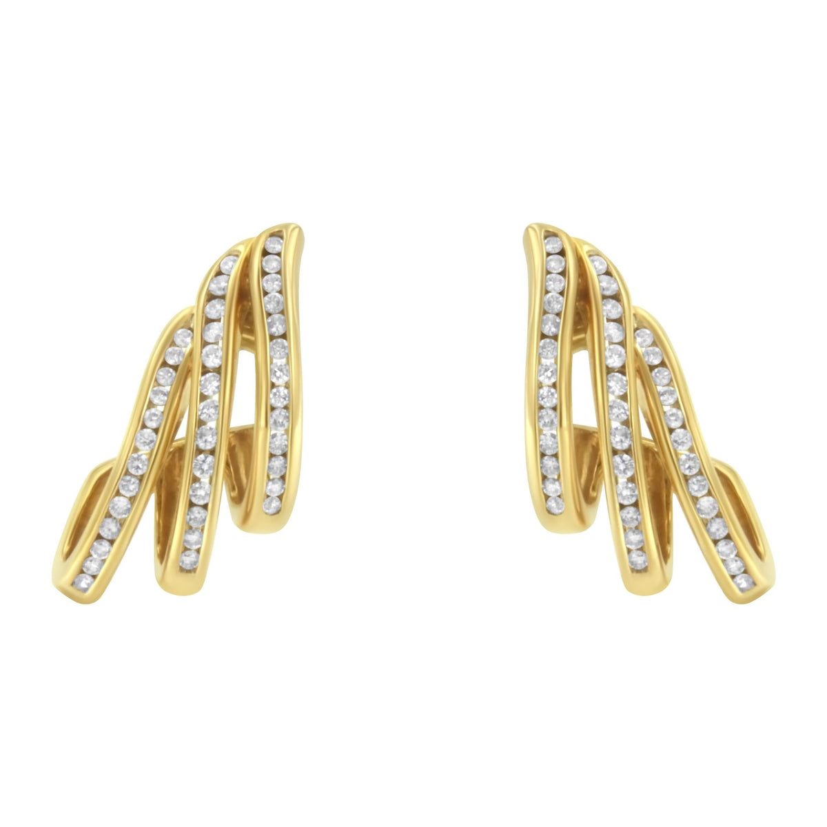 10K Yellow Gold 1.0 Cttw Round Brilliant Cut Diamond Spiral Multi Row Channel Set Open Hoop Pushback Stud Earrings (H-I Color, I1-I2 Clarity)