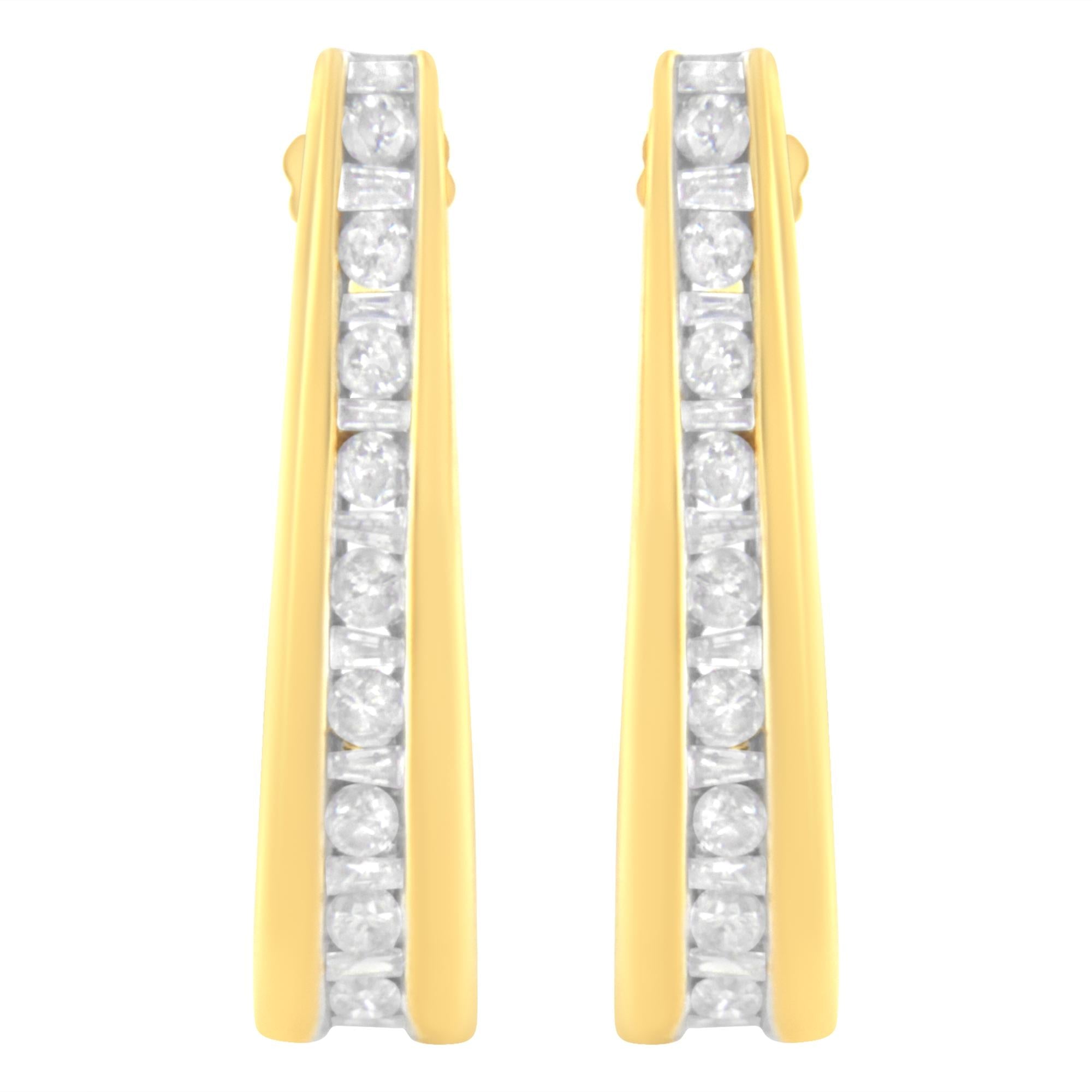 10K Yellow Gold 1 cttw Channel Set Diamond J-Hoop Earrings (H-I Clarity, I1-I2 Color)